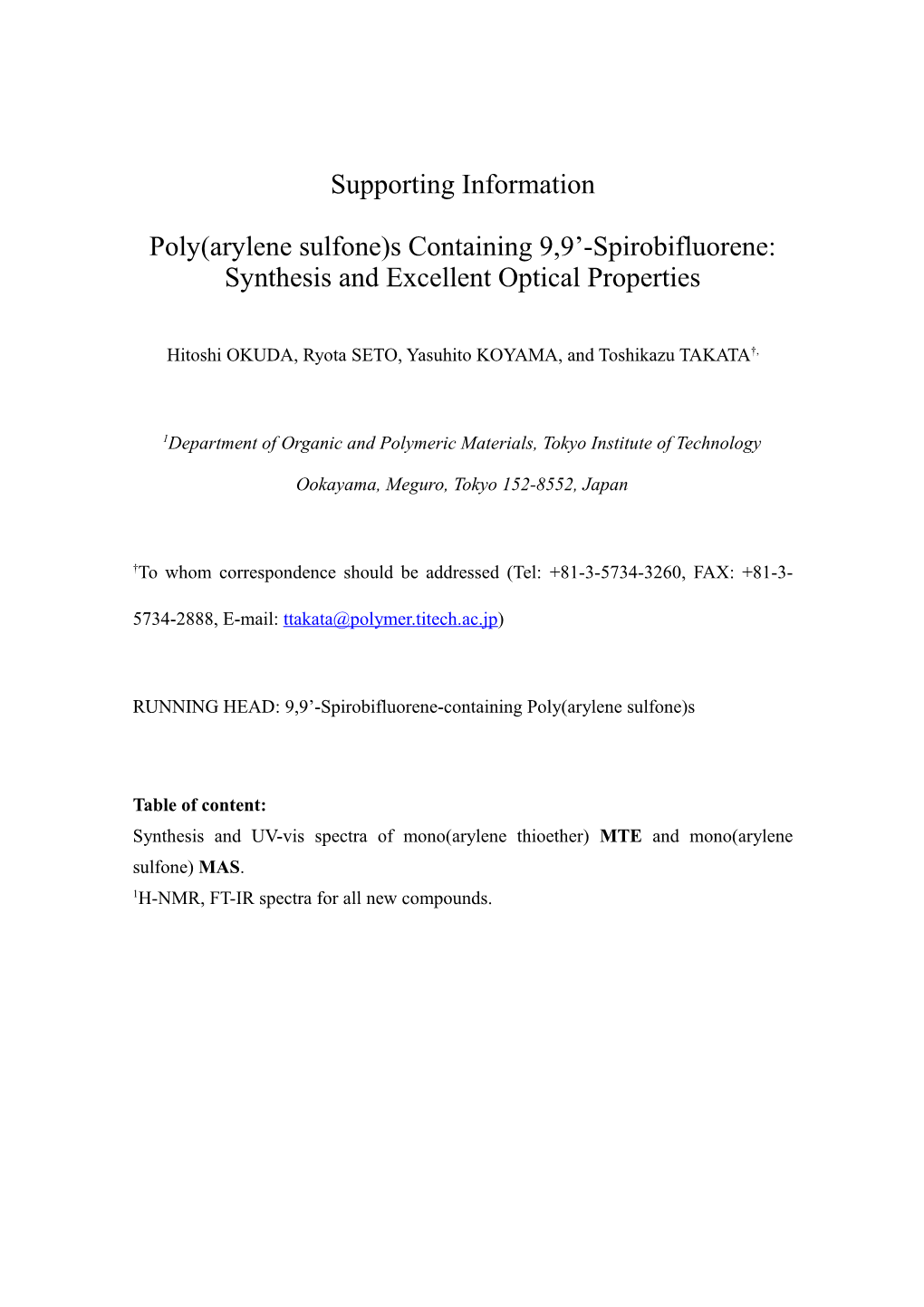 Poly(Arylene Sulfone)S Containing 9,9 -Spirobifluorene: Synthesis and Excellent Optical