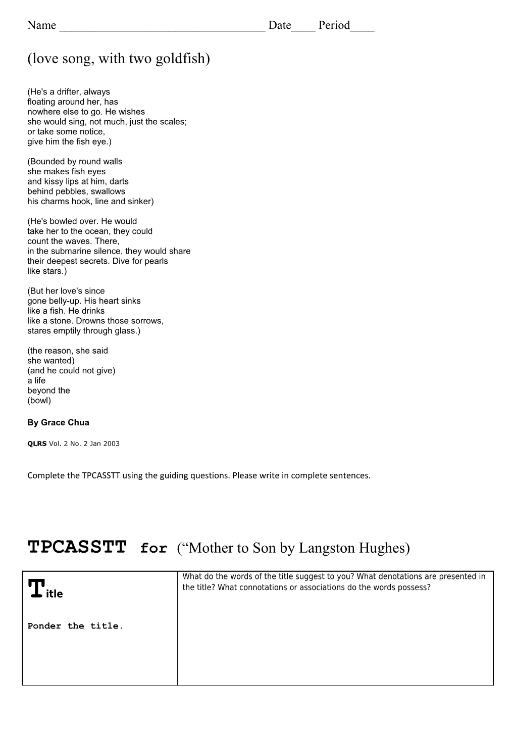 Complete the TPCASSTT Using the Guiding Questions. Please Write in Complete Sentences