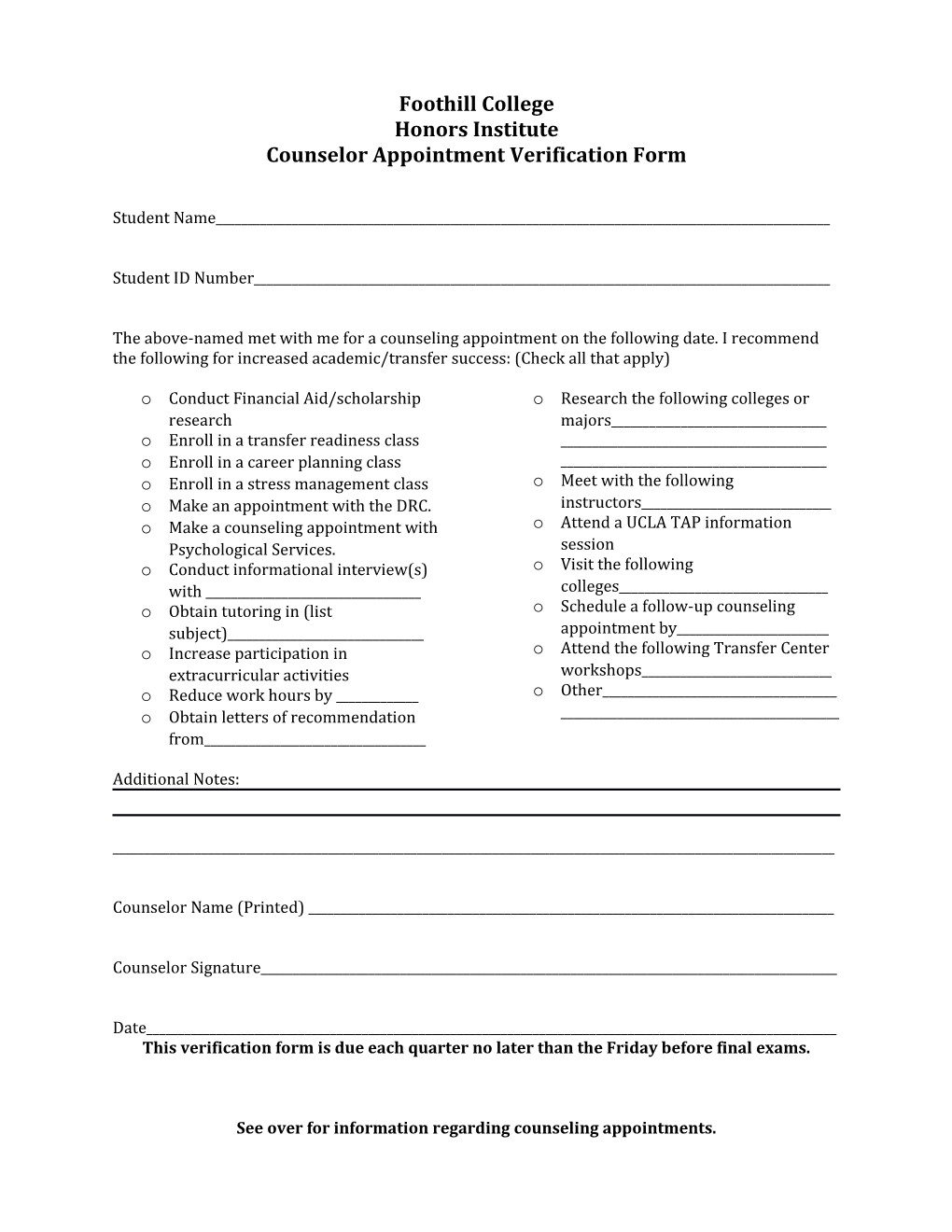 Counselor Appointment Verification Form