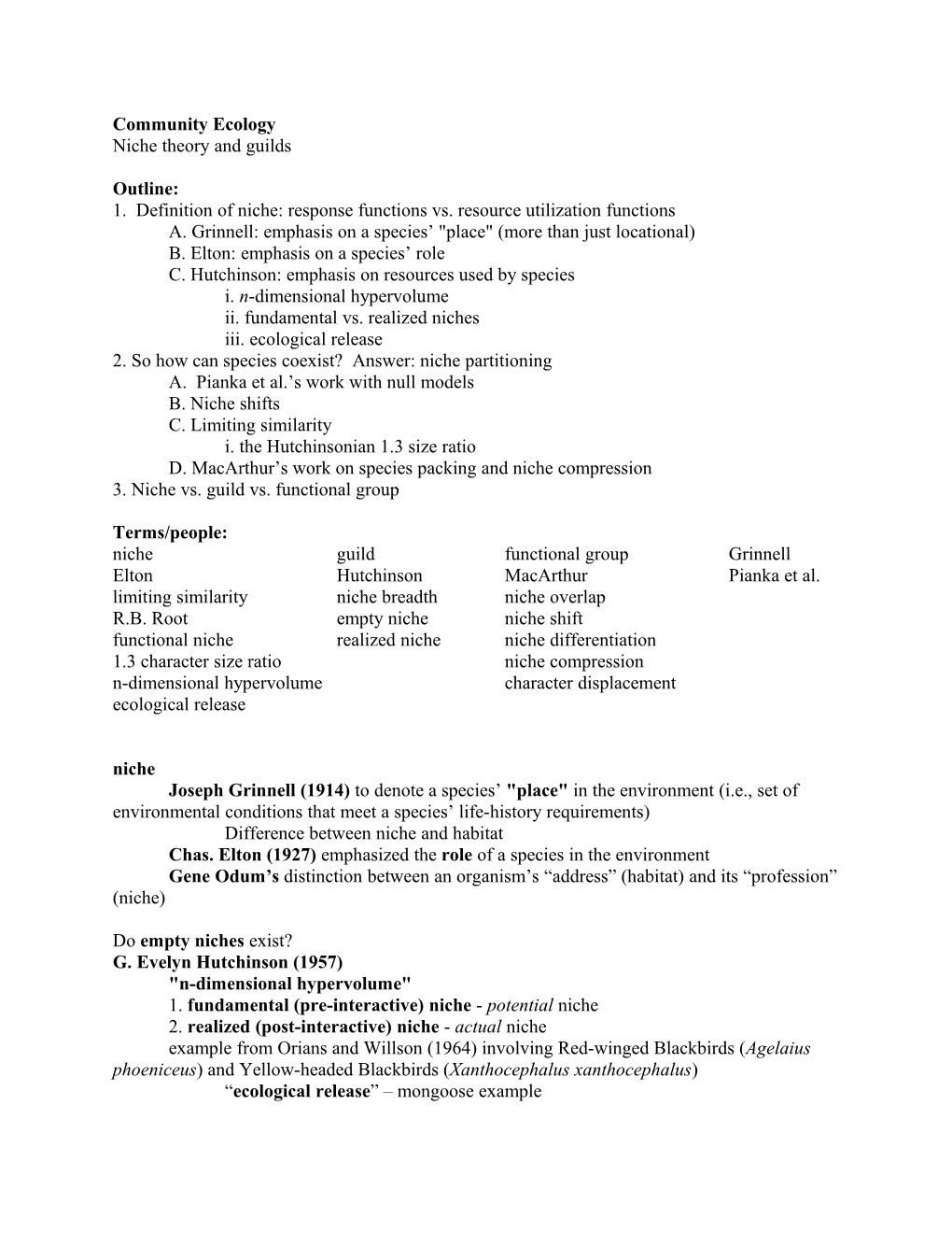 1. Definition of Niche: Response Functions Vs. Resource Utilization Functions