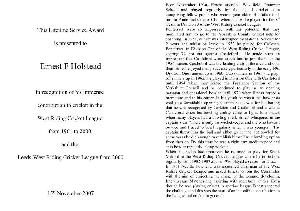 Contributors to This Special Award to Ernest Holstead
