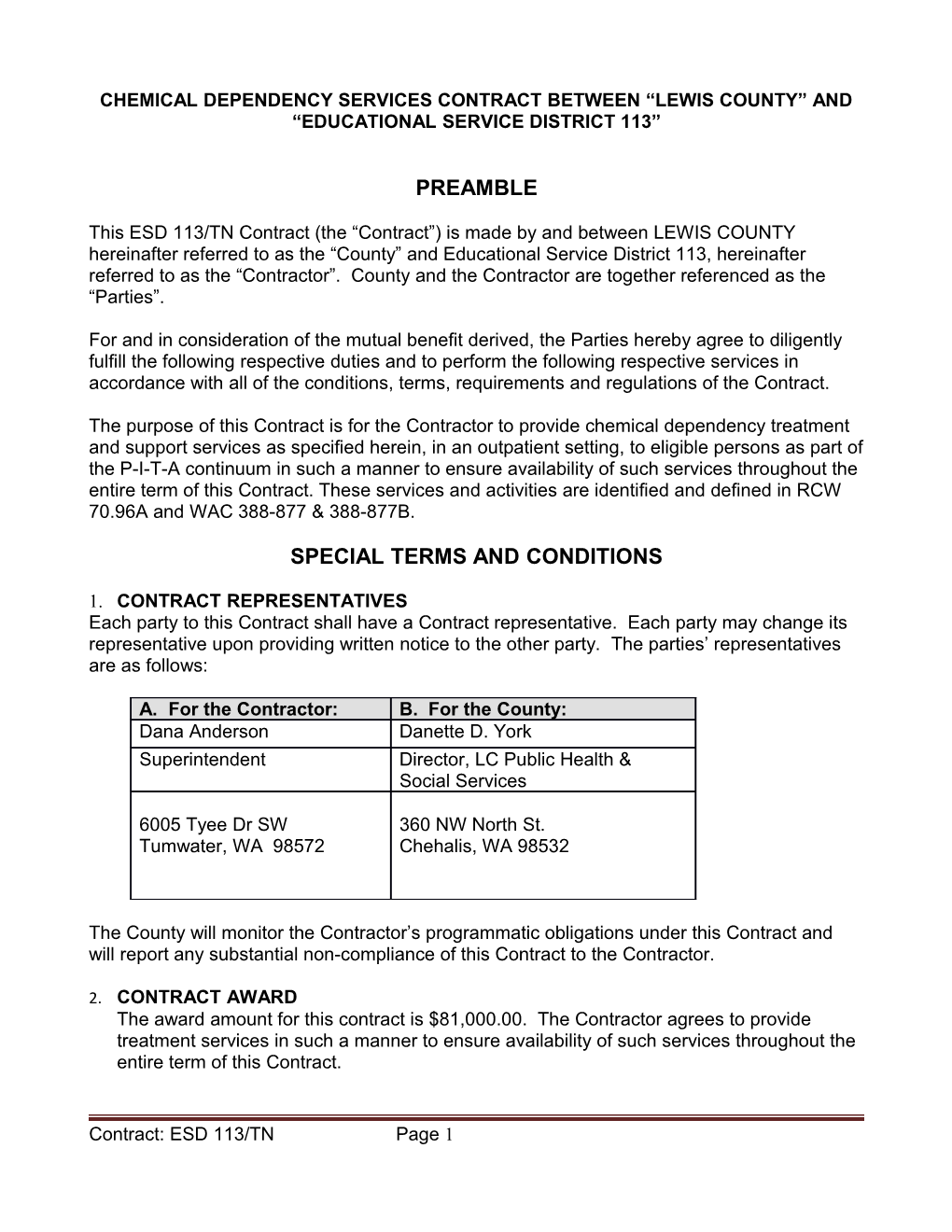 Chemical Dependency Services Contract Between Lewis County and Educational Service District