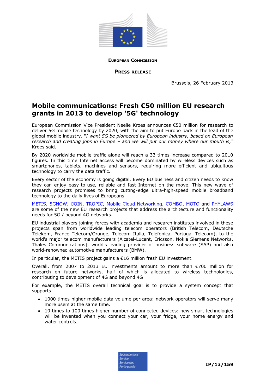 Mobile Communications: Fresh 50 Million EU Research Grants in 2013 to Develop '5G' Technology