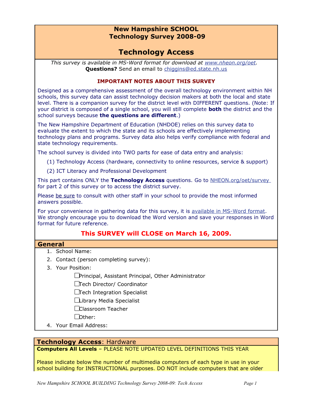 New Hampshireschoolbuildingtechnology Survey 2008-09: Tech Accesspage 1