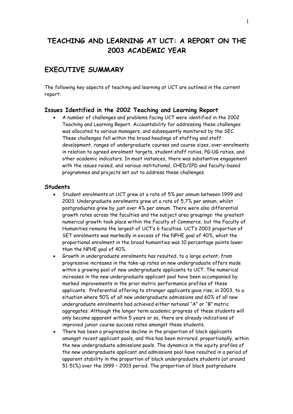 Teaching and Learning at Uct: a Report on the 2002 Academic Year