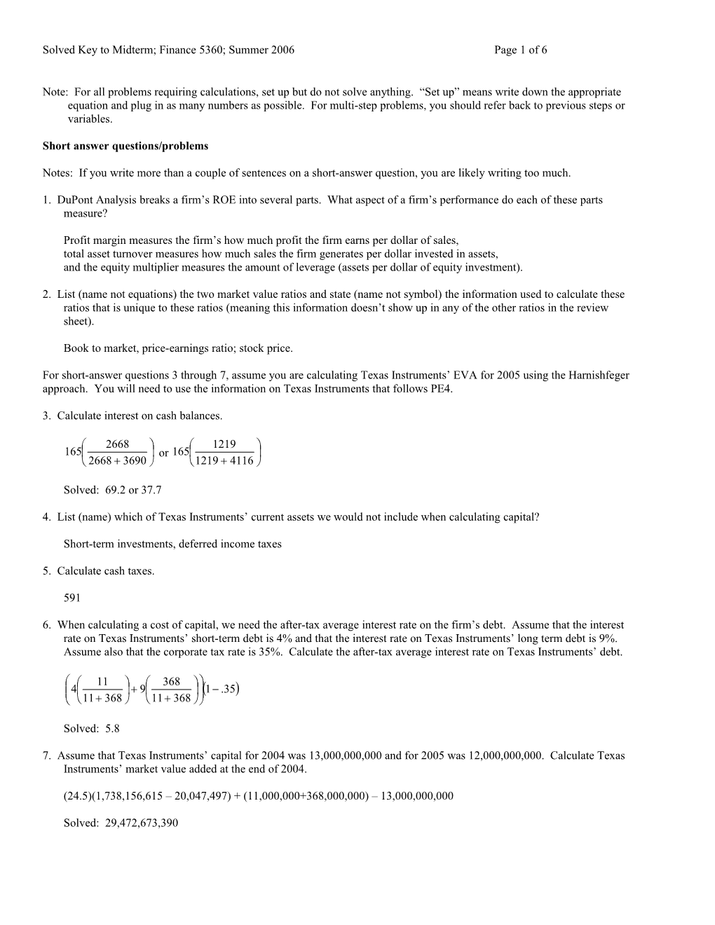 Solved Key to Midterm; Finance 5360; Summer 2006Page 1 of 6