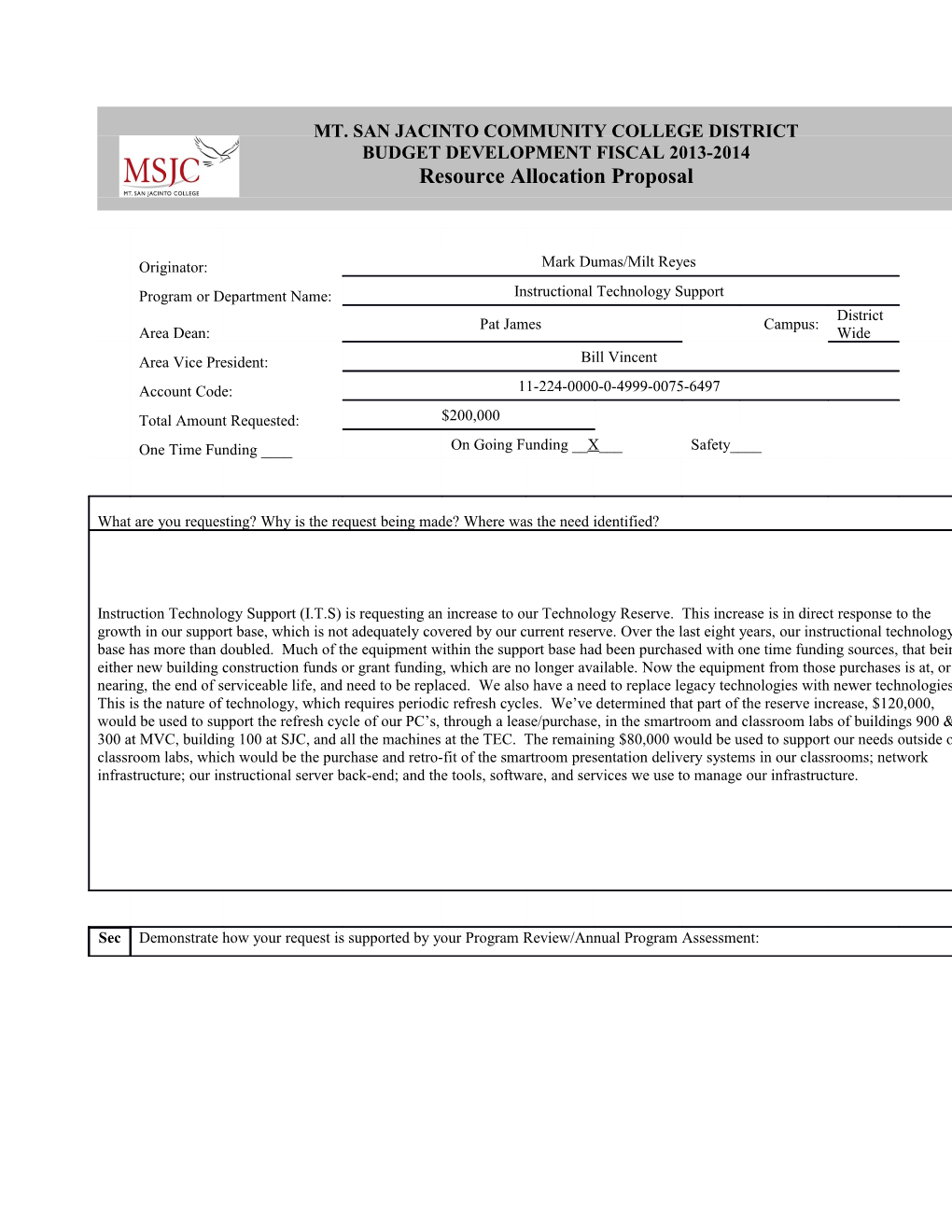 Section 1.1 Indicates the District Wide Need for Instructional Servers