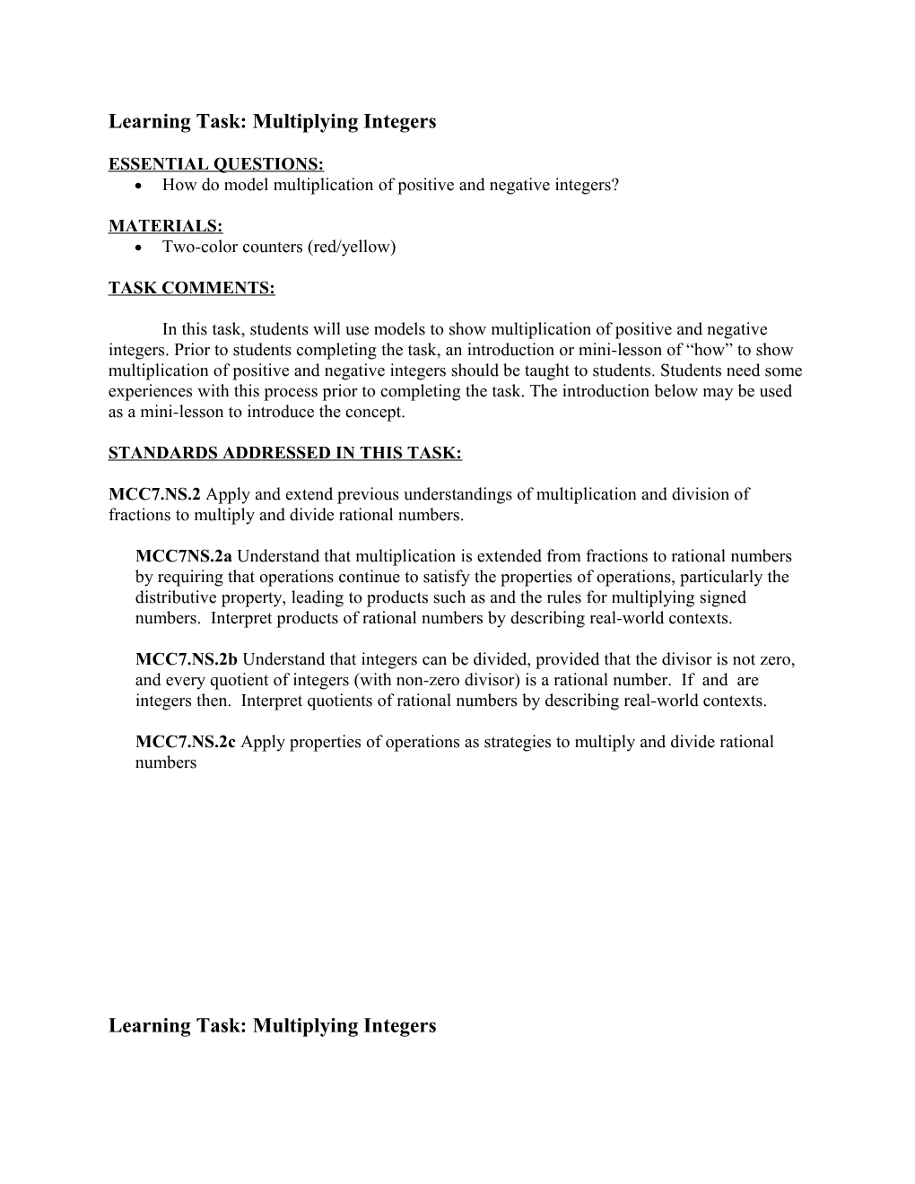 Learning Task: Multiplying Integers