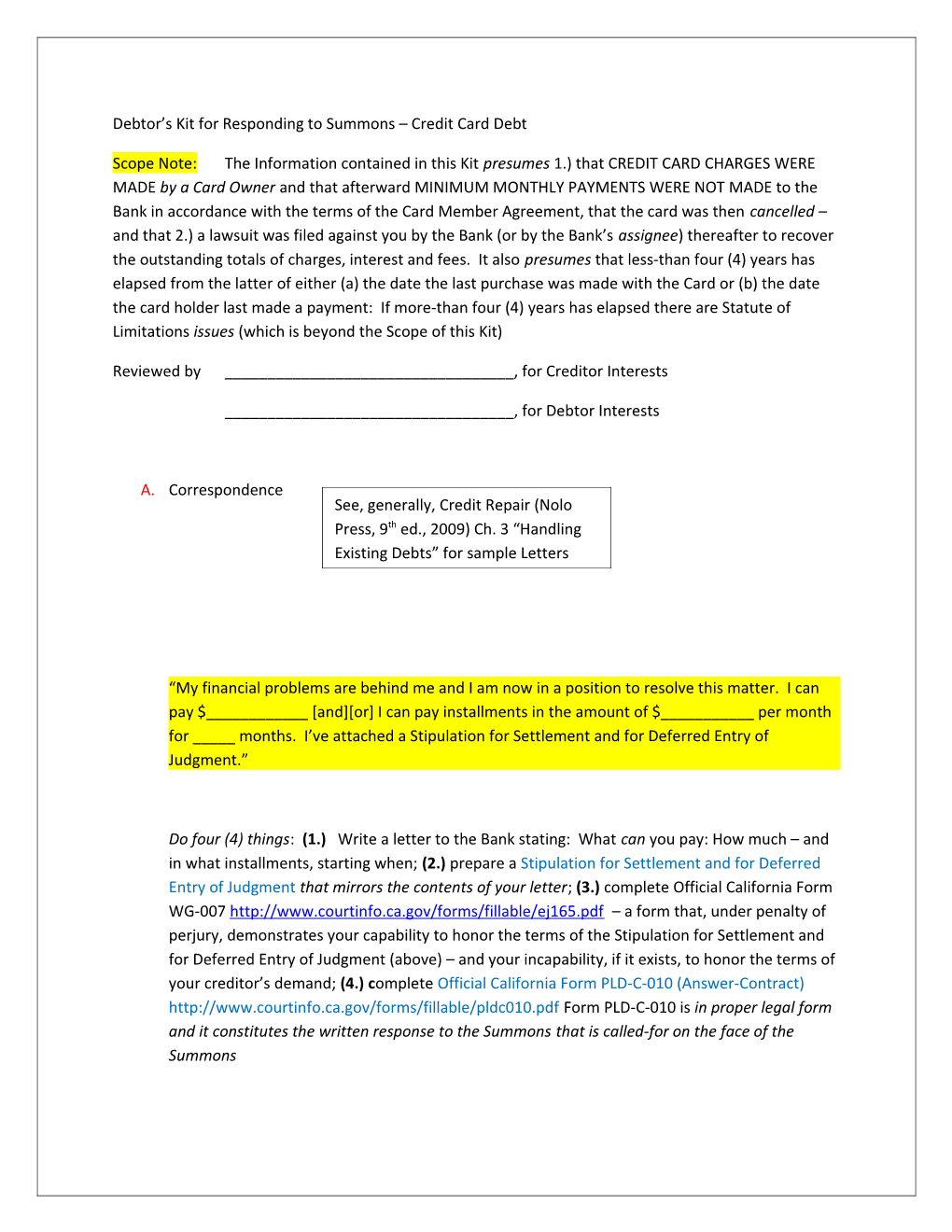 Debtor S Kit for Responding to Summons Credit Card Debt