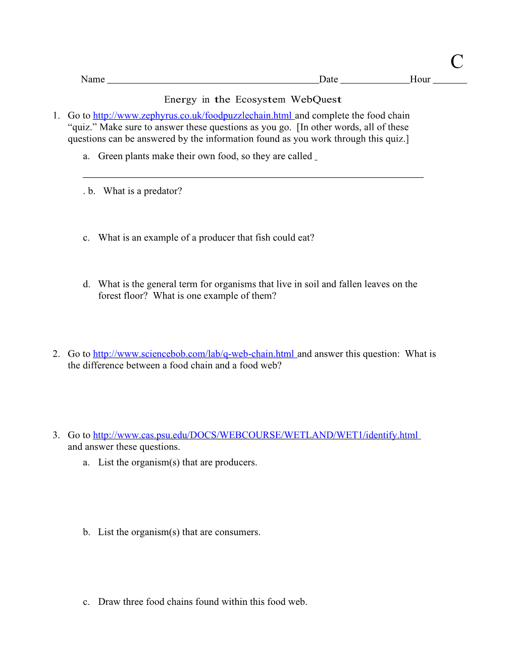 Ecosystem Energy Webquest Minus Calstate