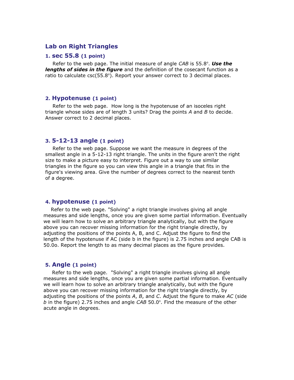 Trigonometry Lab 3 on Right Triangle Geometry Questions