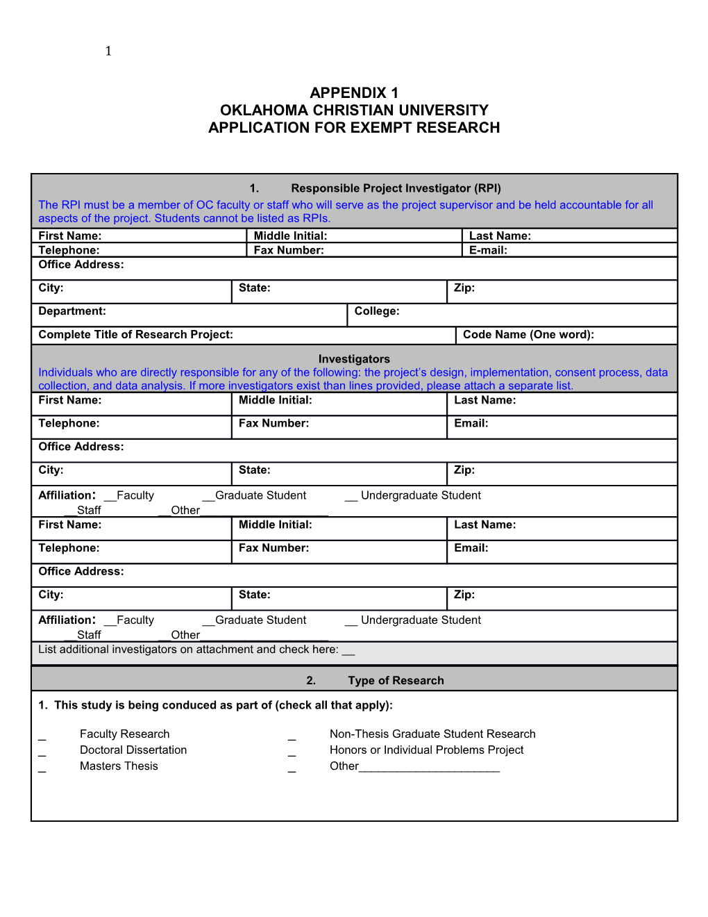 Application for Exempt Research
