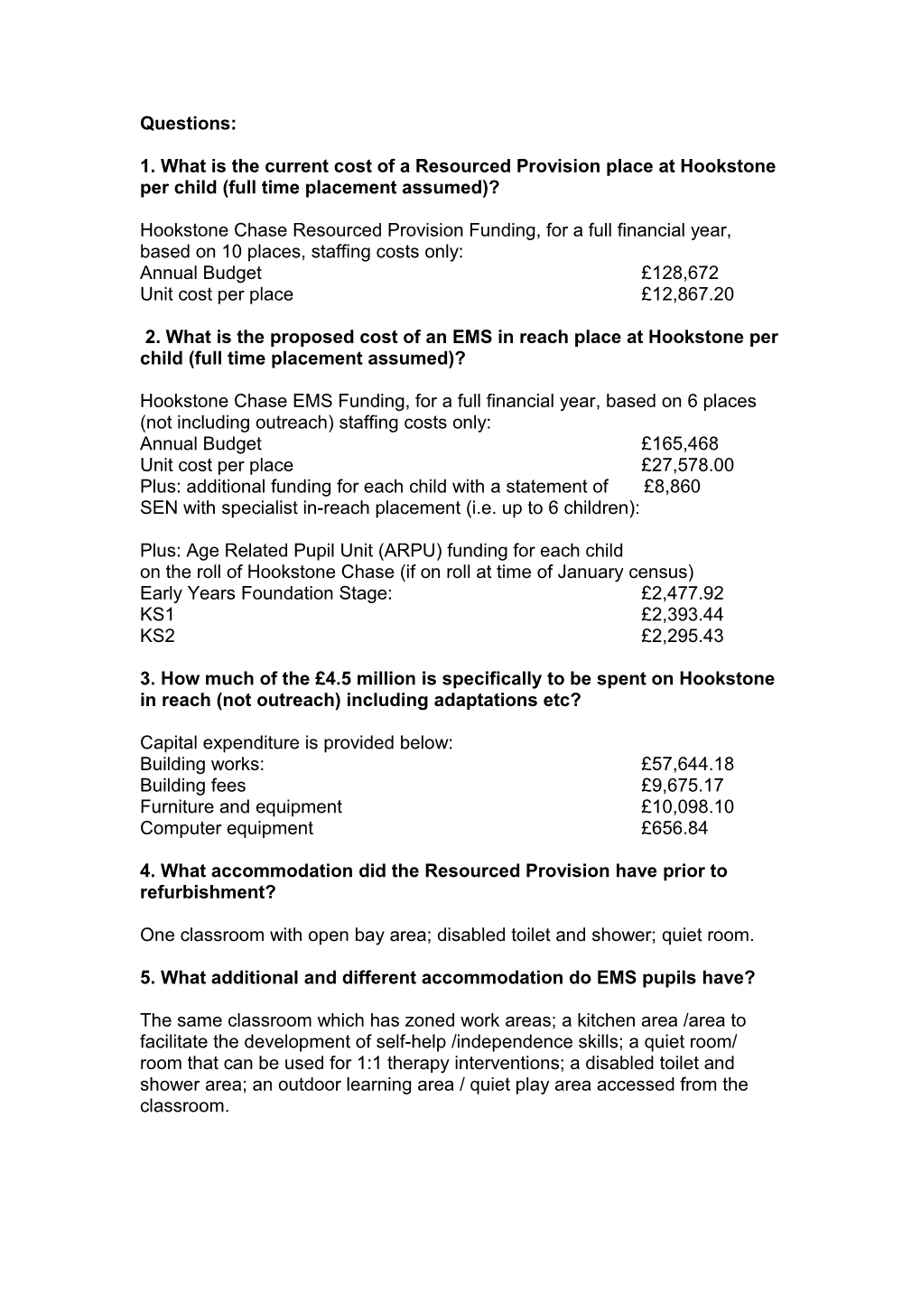 1. What Is the Current Cost of a Resourced Provision Place at Hookstone Per Child (Full