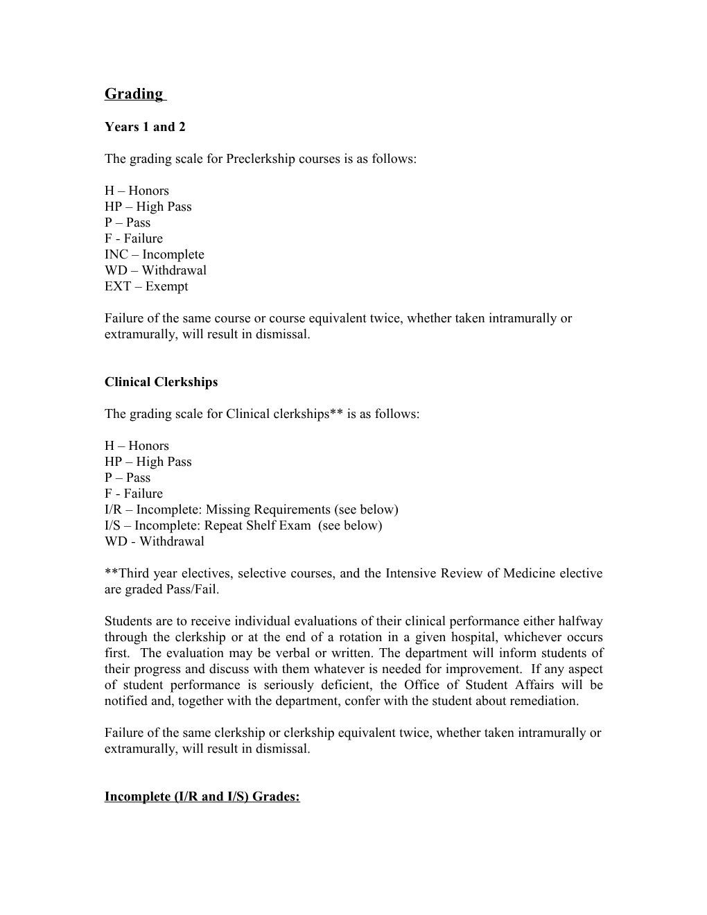 The Grading Scale for Preclerkship Courses Is As Follows