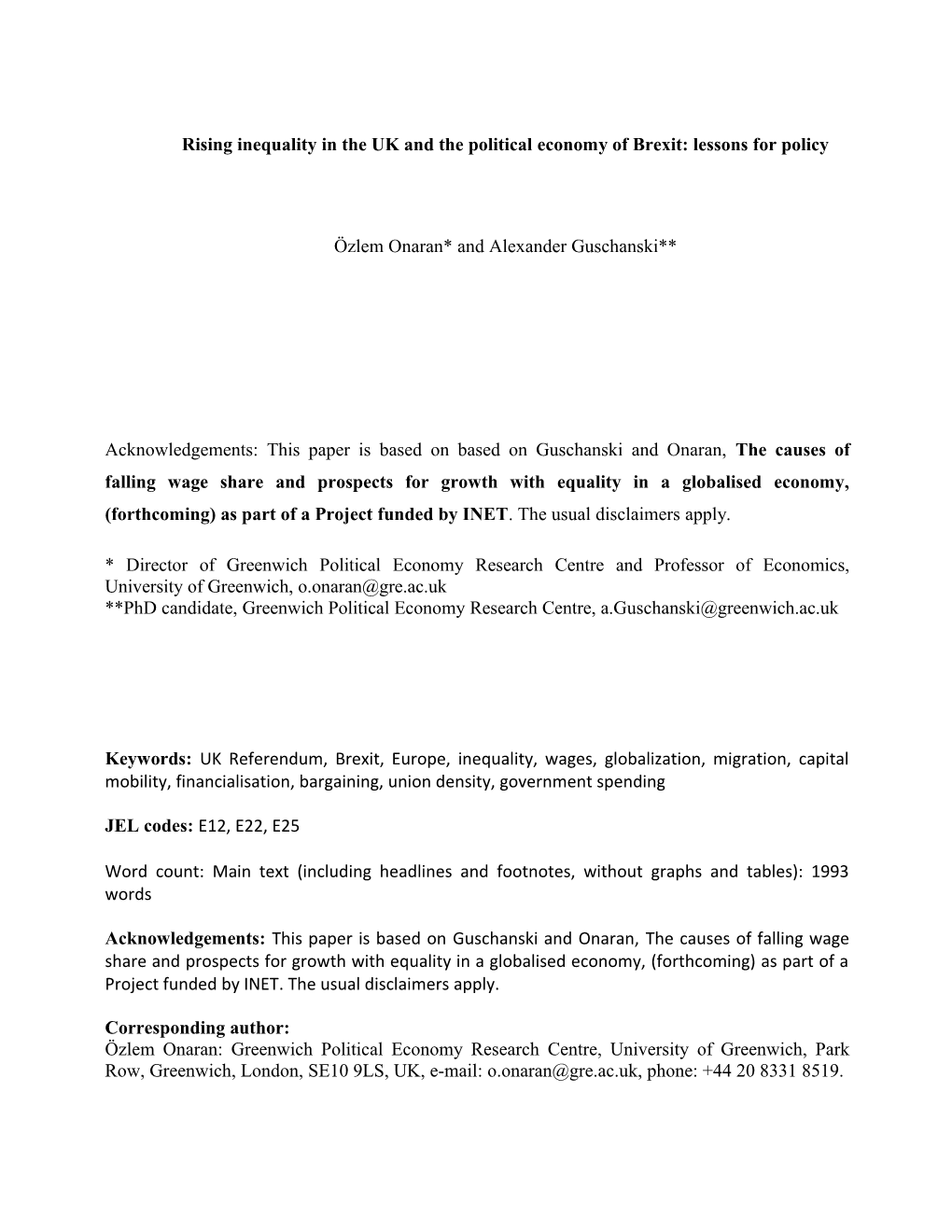 Rising Inequality in the UK and the Political Economy of Brexit: Lessons for Policy