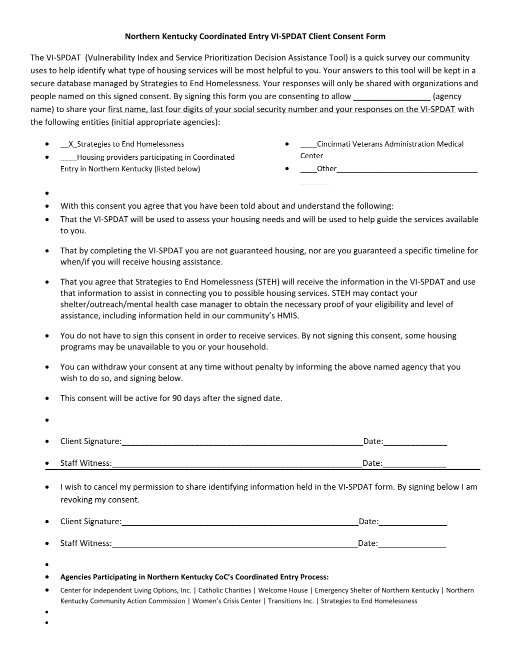 Northern Kentucky Coordinated Entry VI-SPDAT Client Consent Form