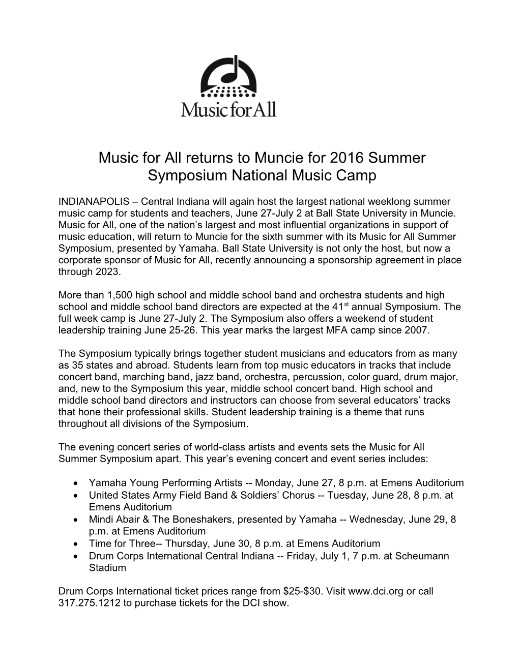 Music for All Returns to Muncie for 2016 Summer Symposium National Music Camp