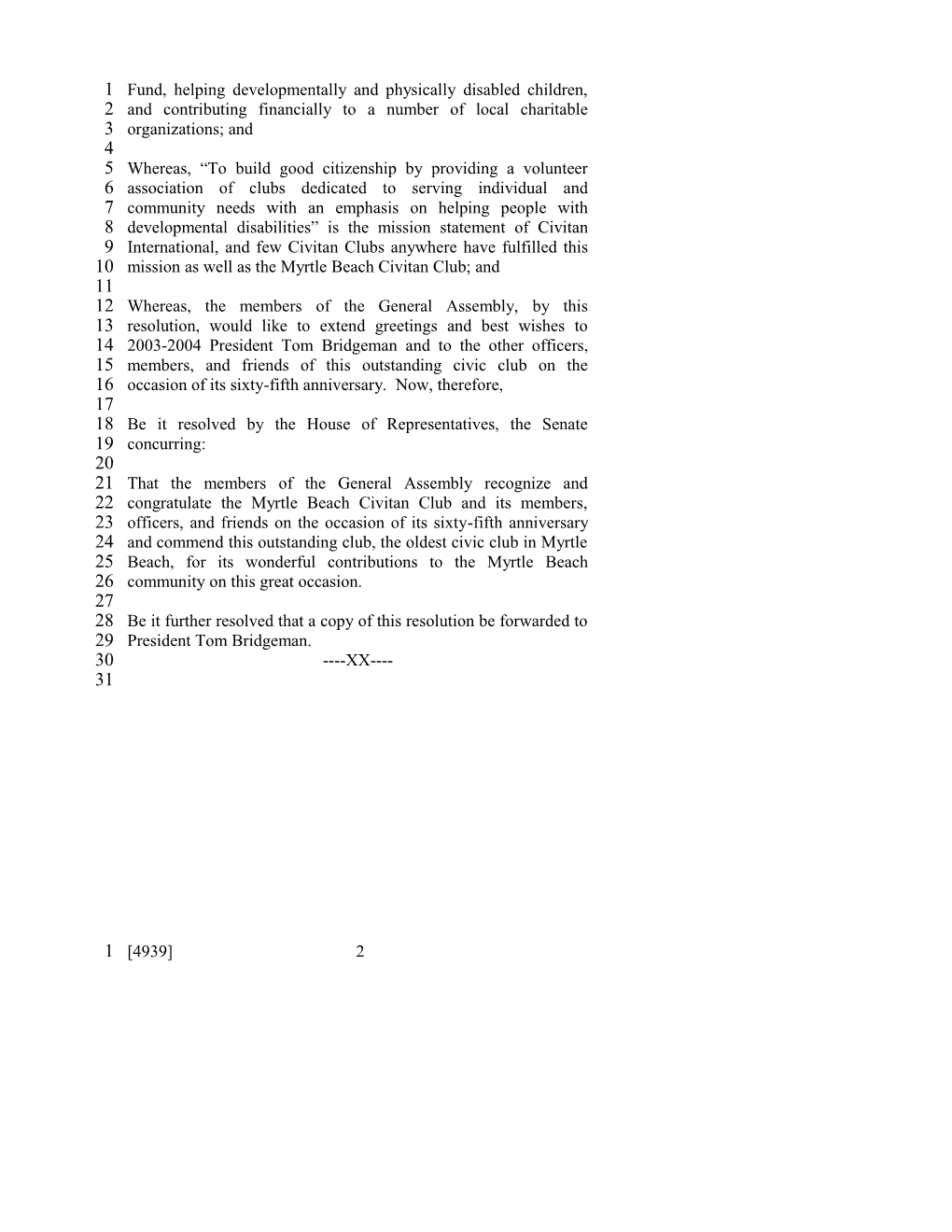 2003-2004 Bill 4939: Myrtle Beach Civitan Club - South Carolina Legislature Online