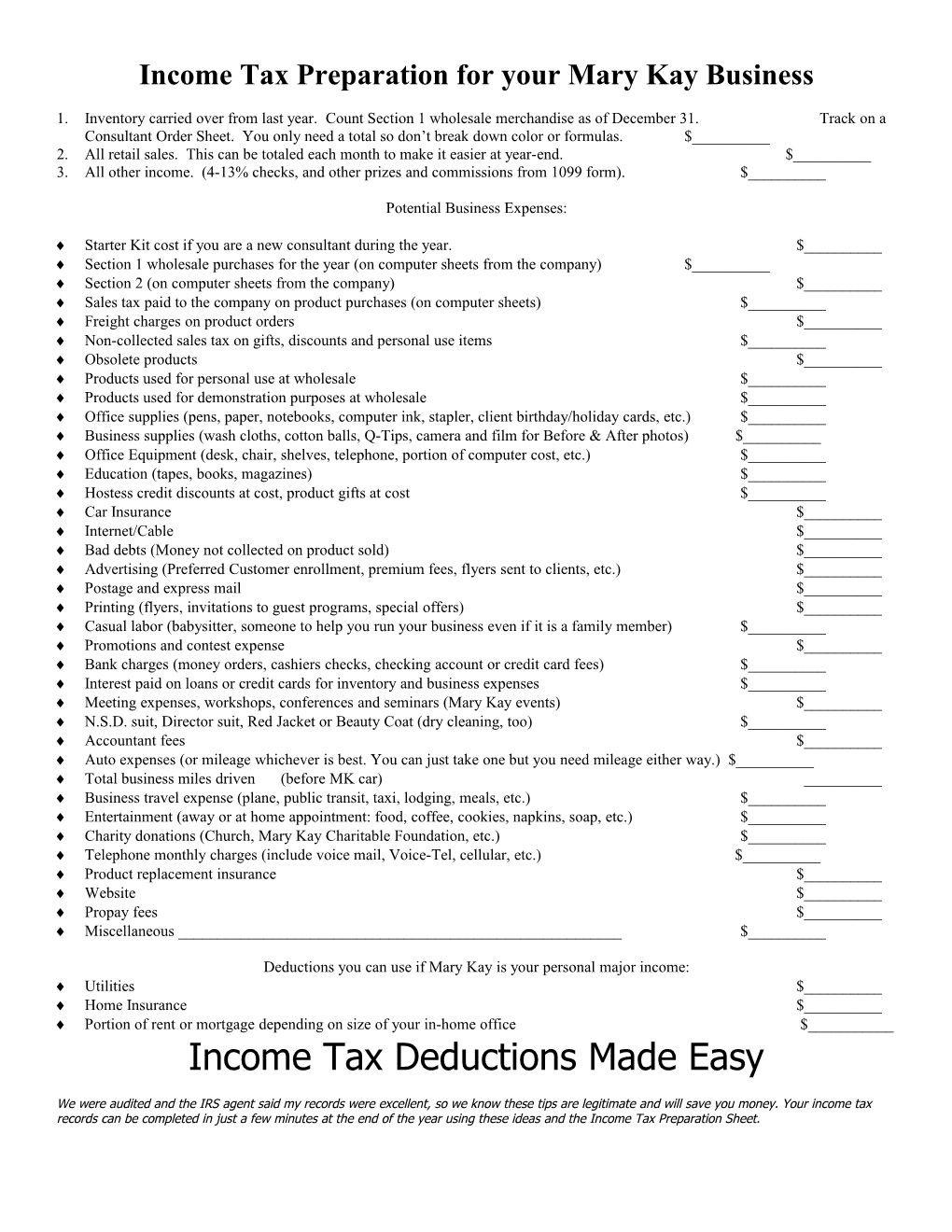 Income Tax Preparation for Your Mary Kay Business
