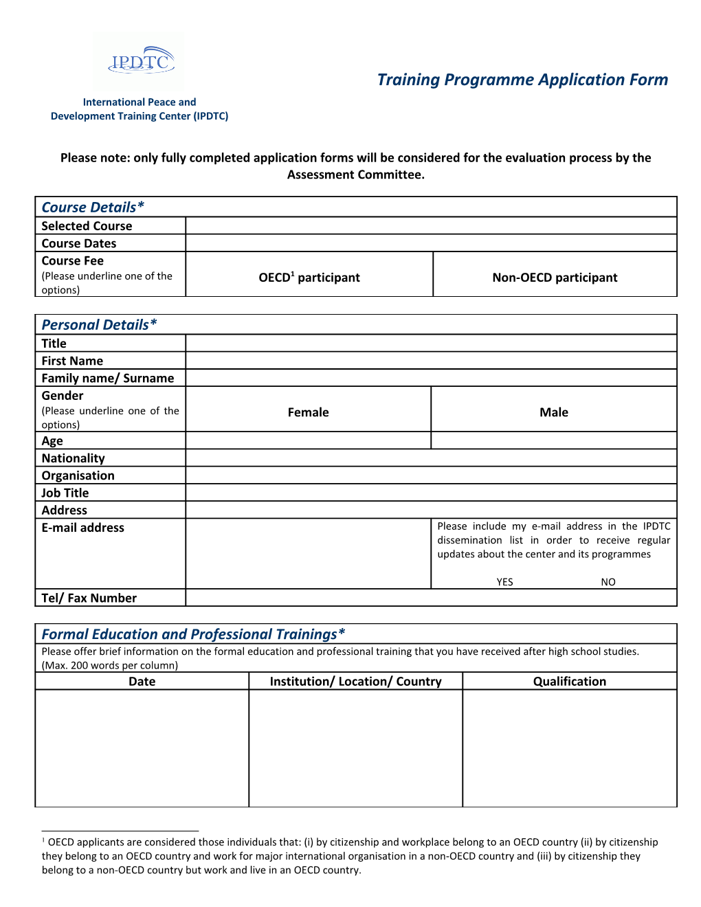 Training Programme Application Form