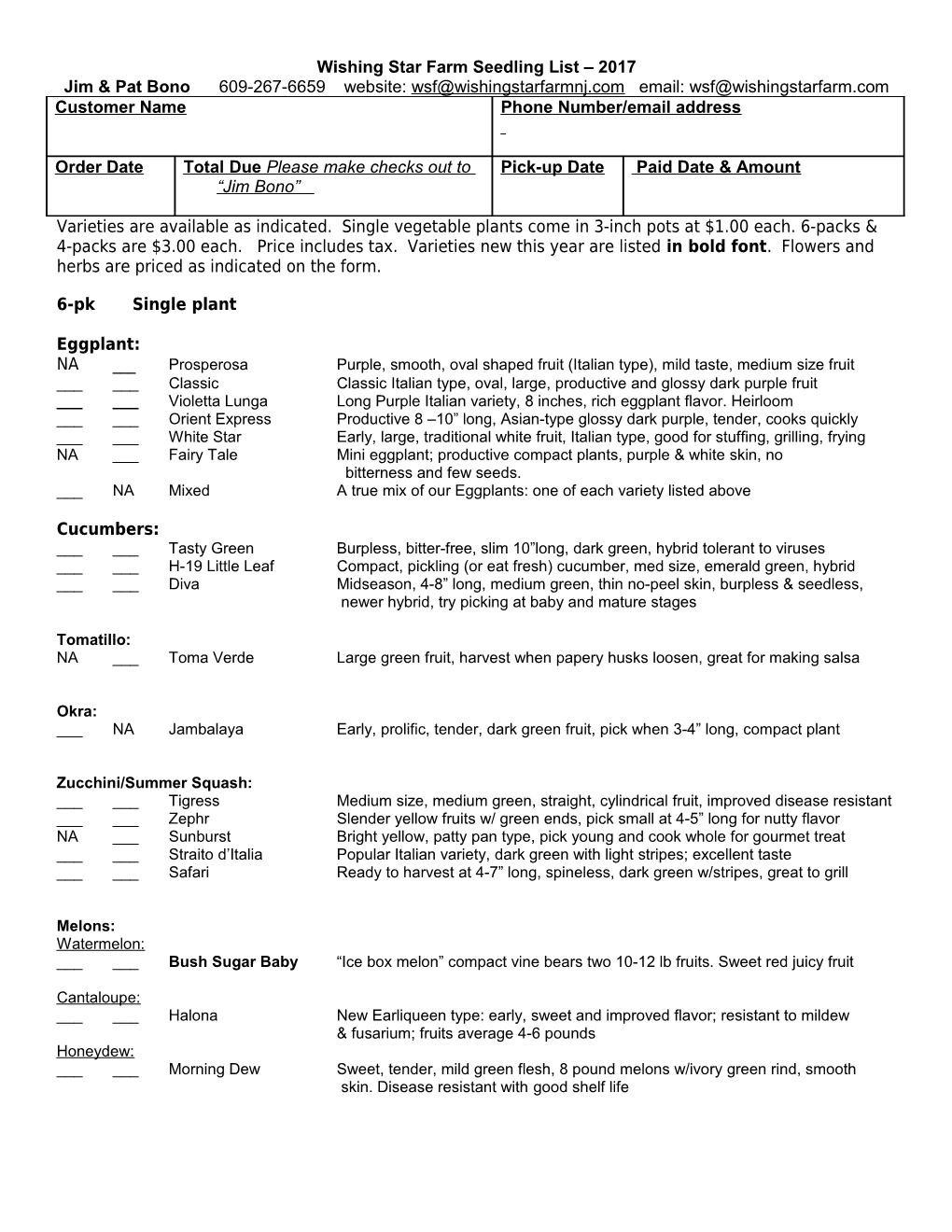 Wishing Star Farm Seedling List 1999