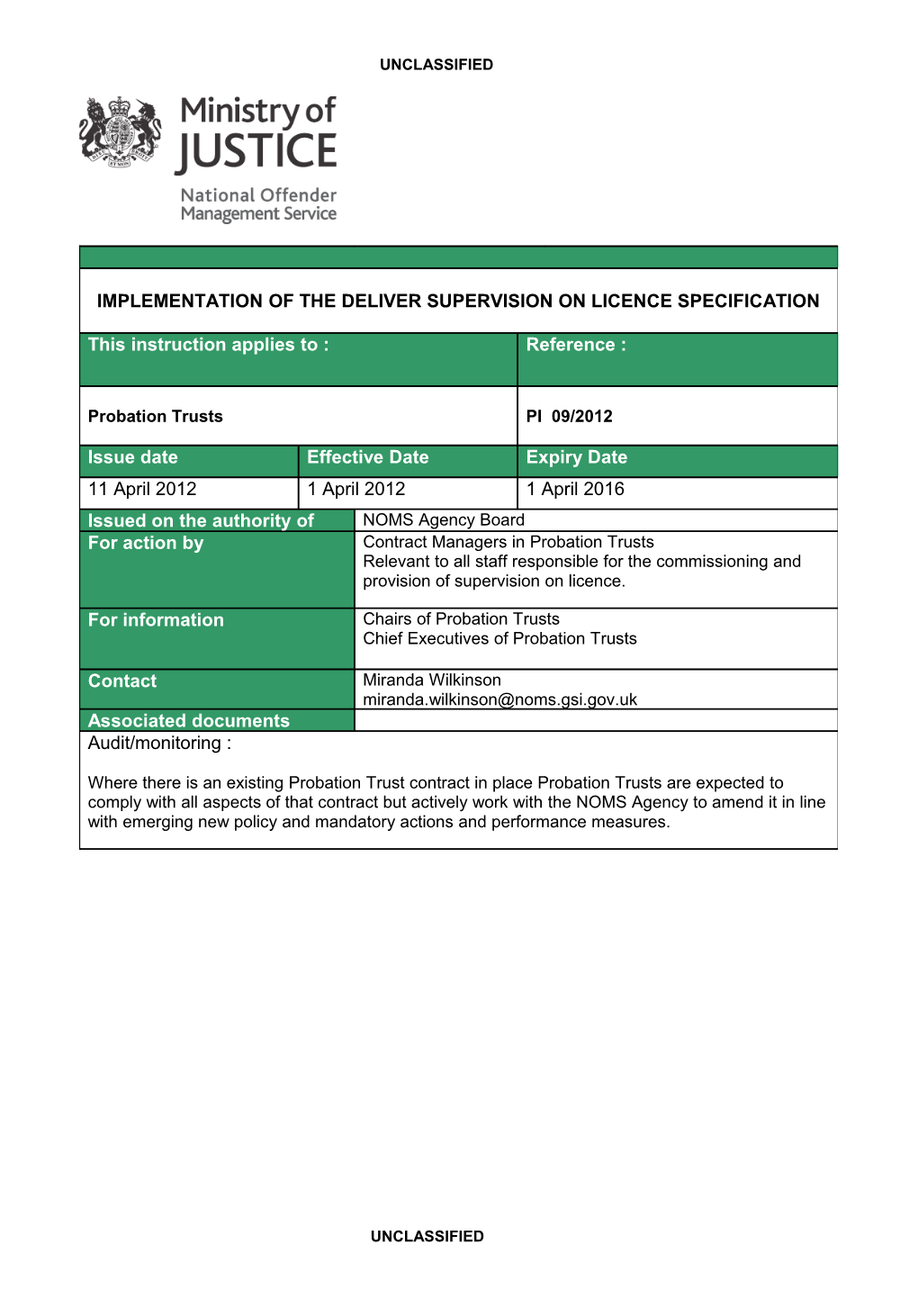 Probation Instruction 09/2012 - Implementation of the Deliver Supervision on Licence