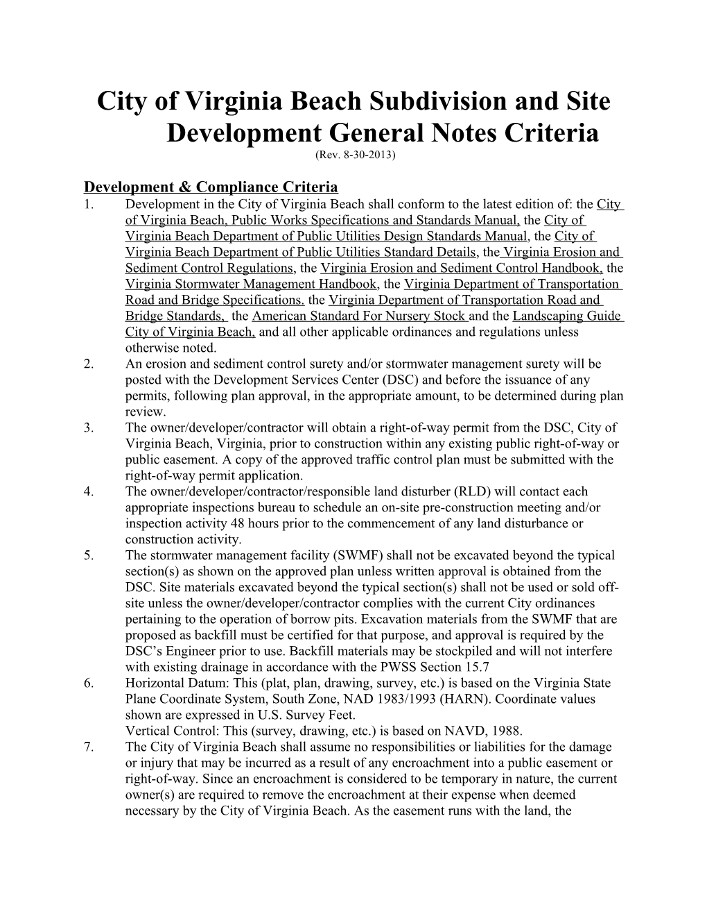 City of Virginia Beach Subdivision and Site Development General Notes Criteria