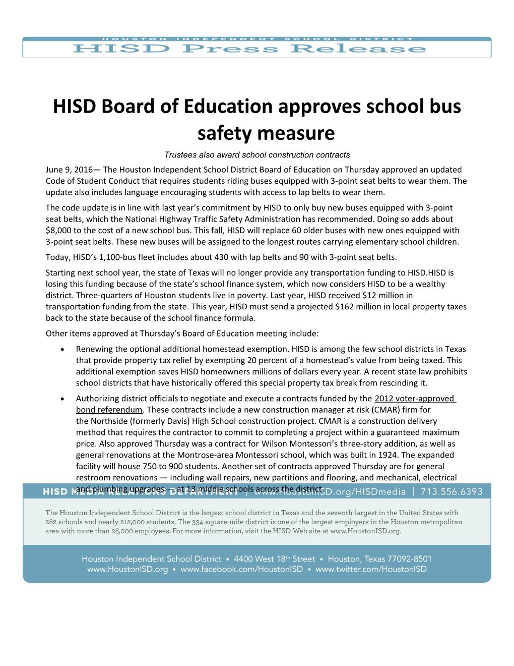 HISD Board of Education Approves School Bus Safety Measure