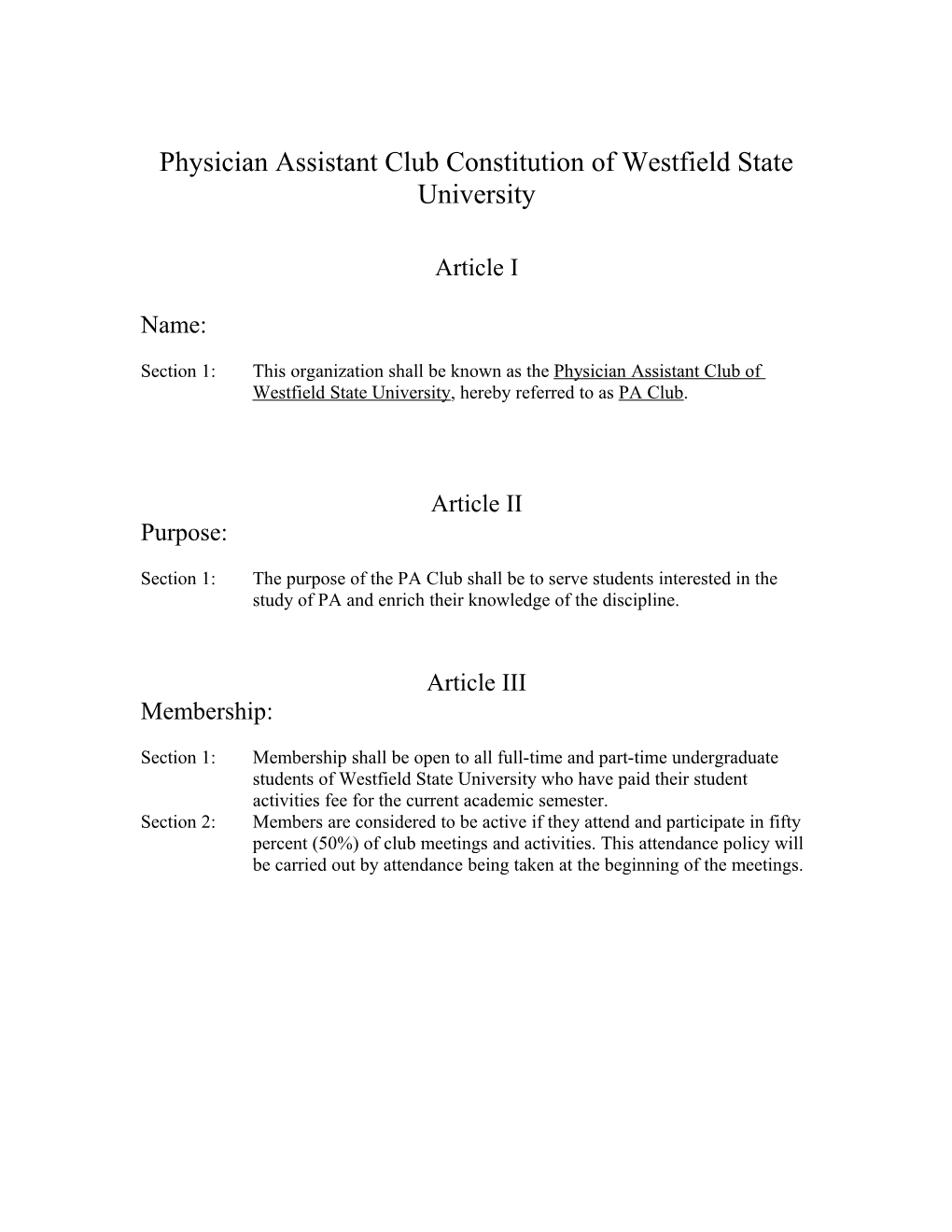 Physician Assistantclub Constitutionof Westfield State University