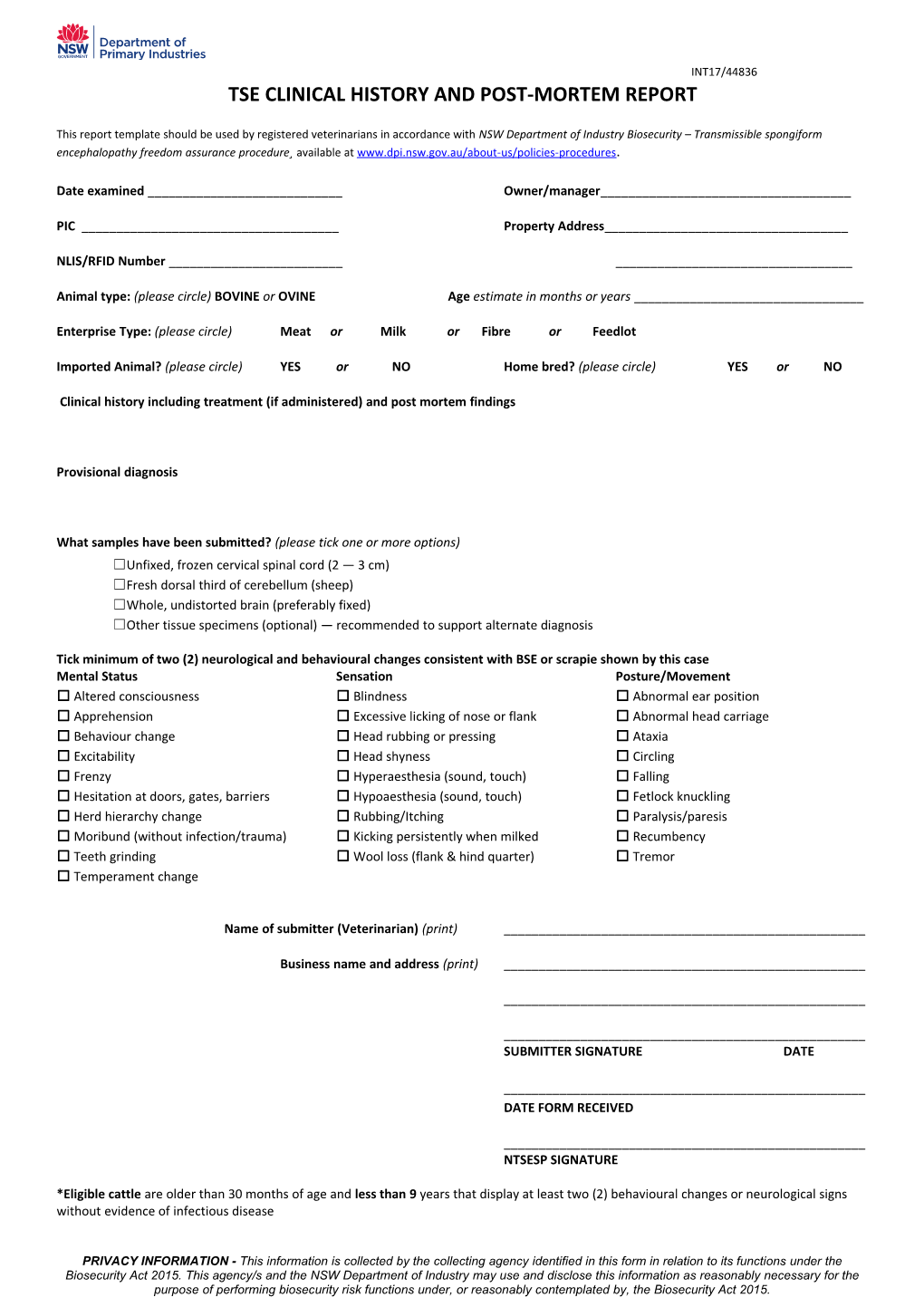 Tse Clinical History and Post-Mortem Report