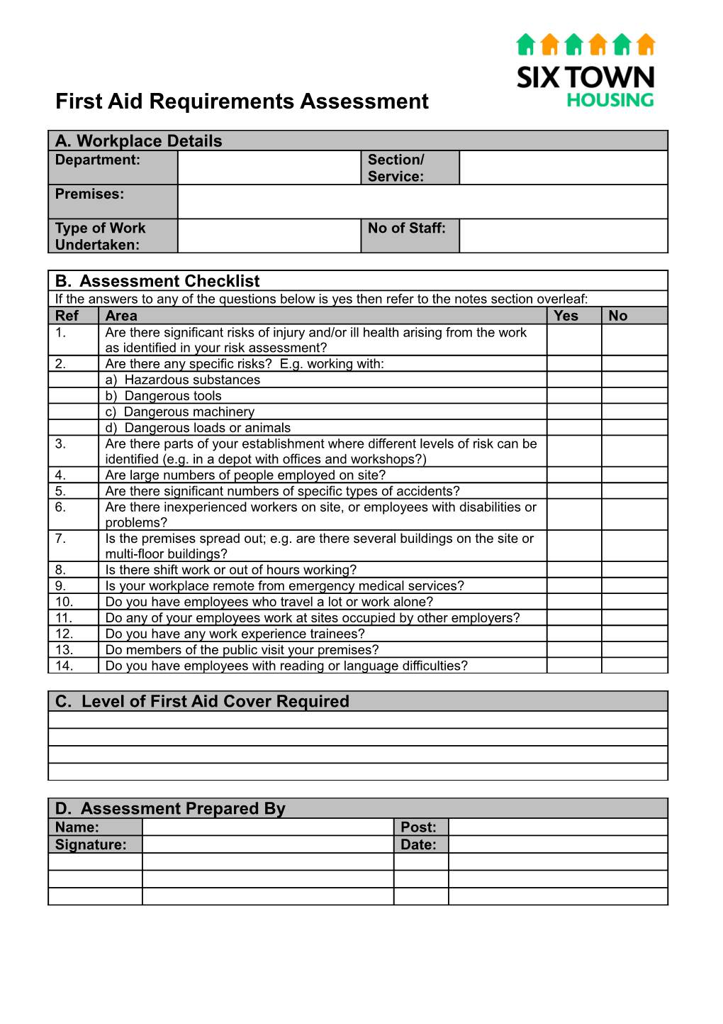 First Aid Requirements Assessment