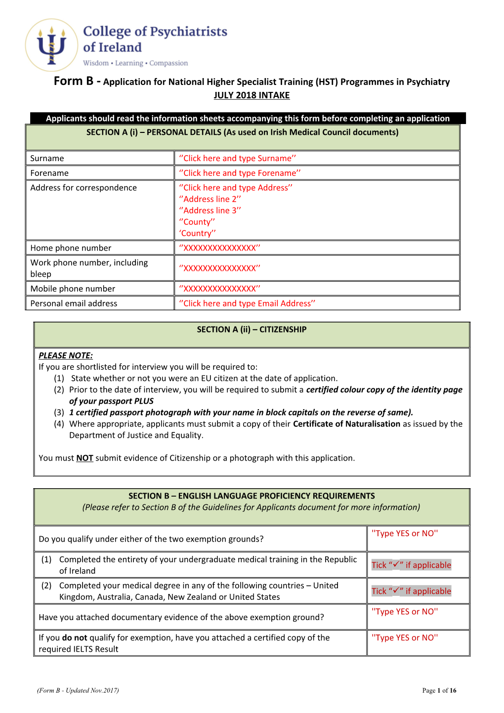 Form B -Application for National Higher Specialist Training (HST) Programmes in Psychiatry
