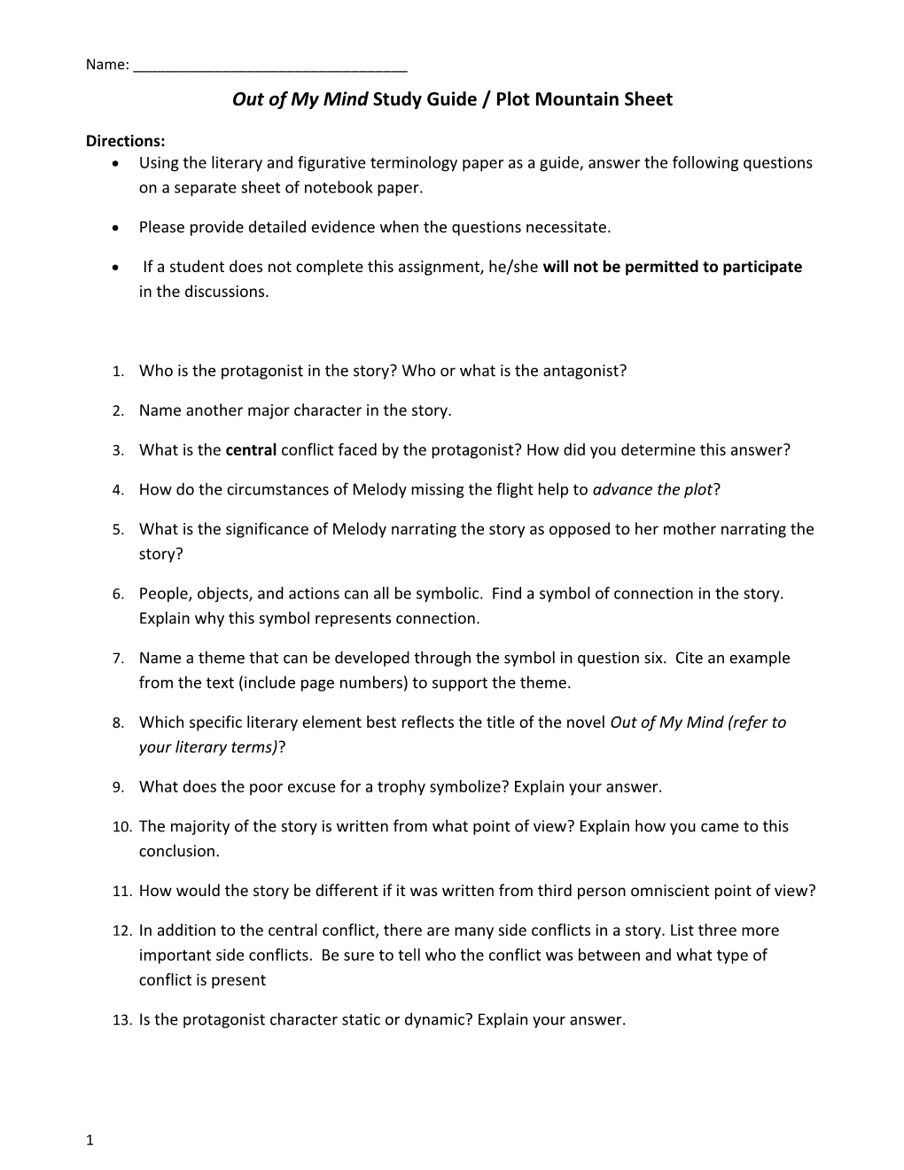 Out of My Mind Study Guide / Plot Mountain Sheet