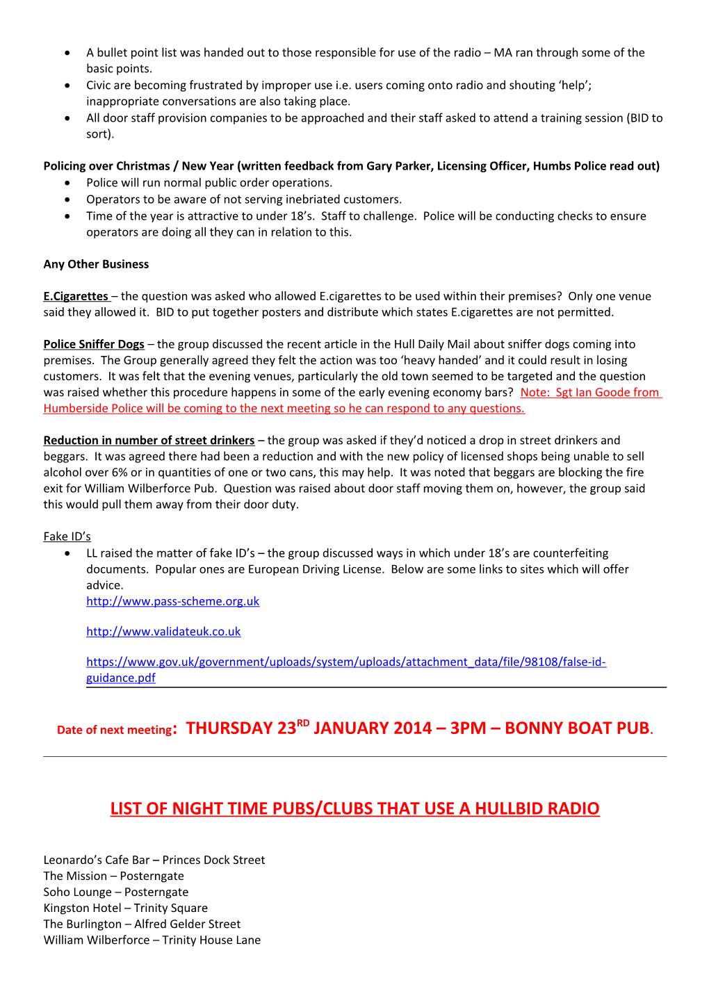 Evening Economy Meeting Tuesday 10Th December 2013 - Minutes