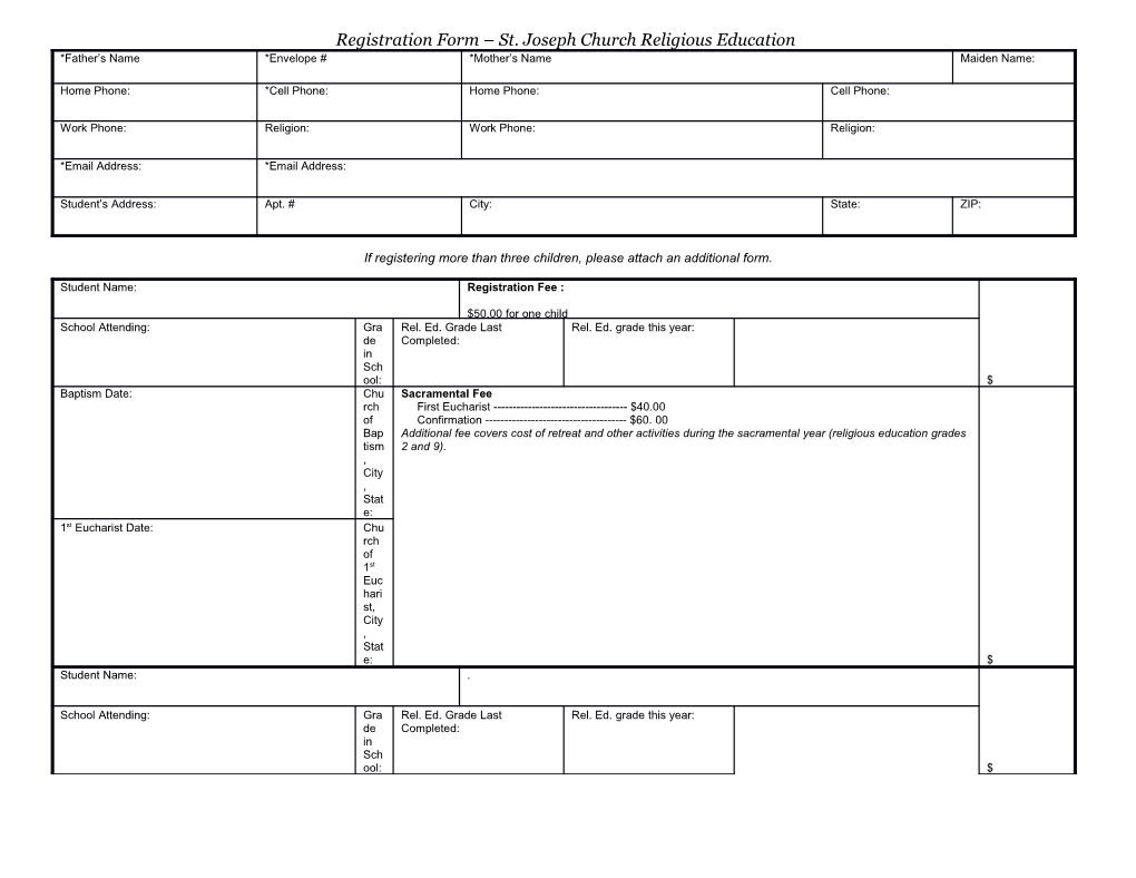 Registration Form St. Joseph Church Religious Education