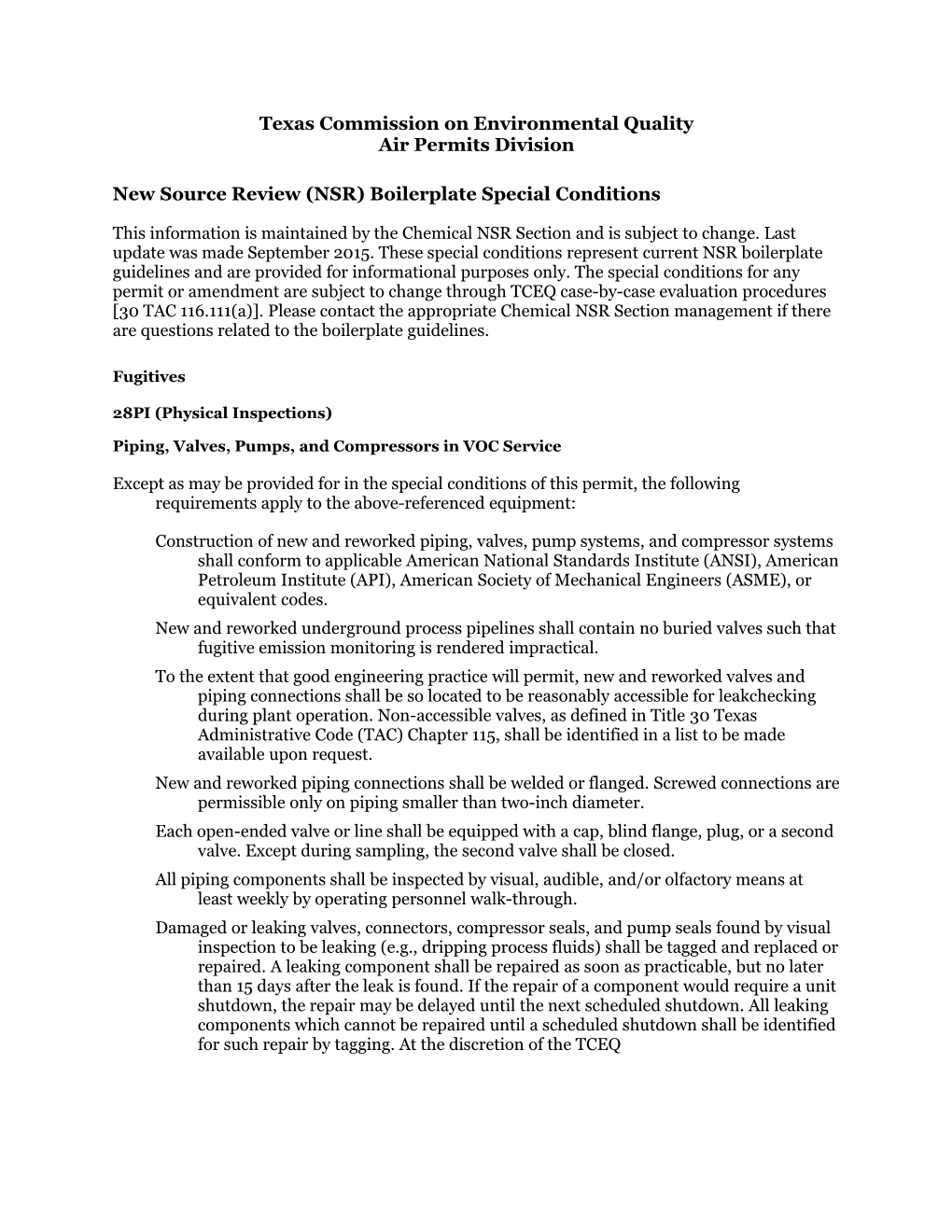 TCEQ-New Source Review (NSR) Boilplate Special Conditions 28 Physical Inspections (PI)