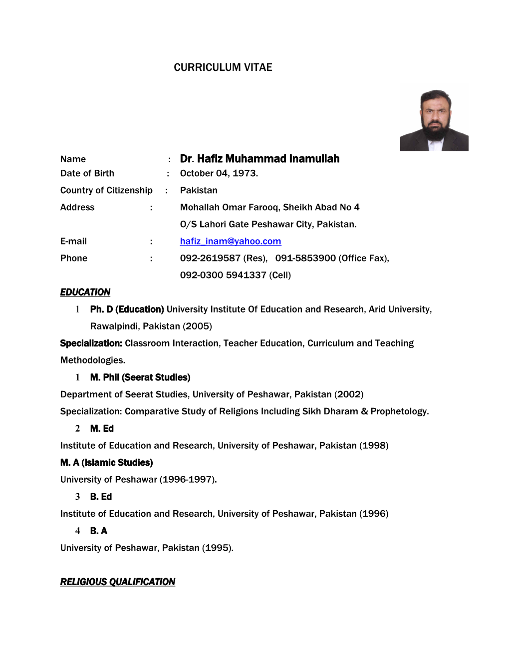 Name : Dr.Hafiz Muhammad Inamullah