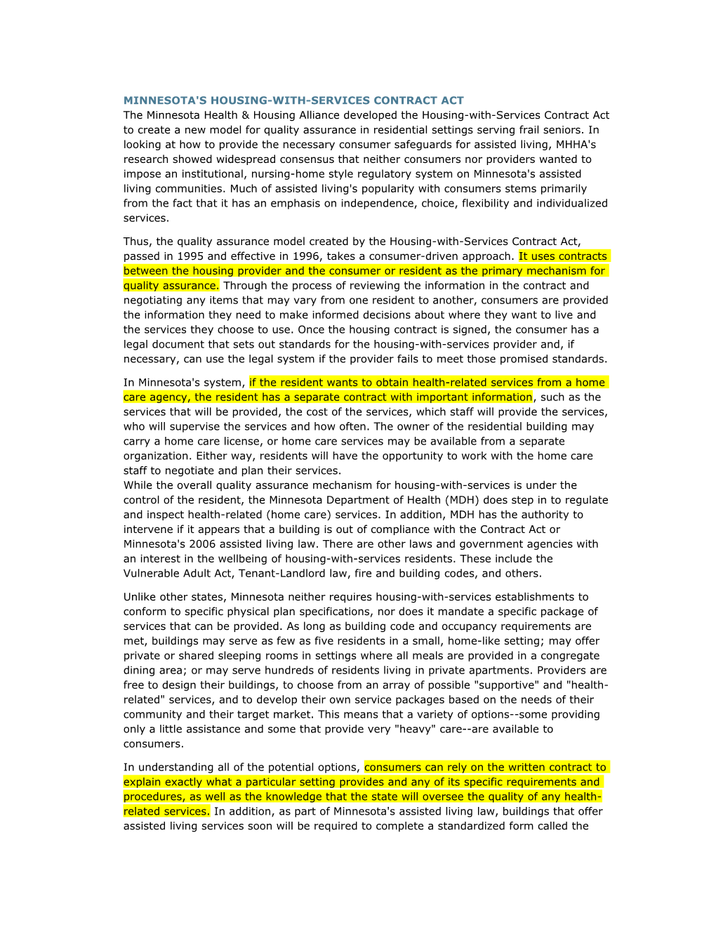 Minnesota's Housing-With-Services Contract Act