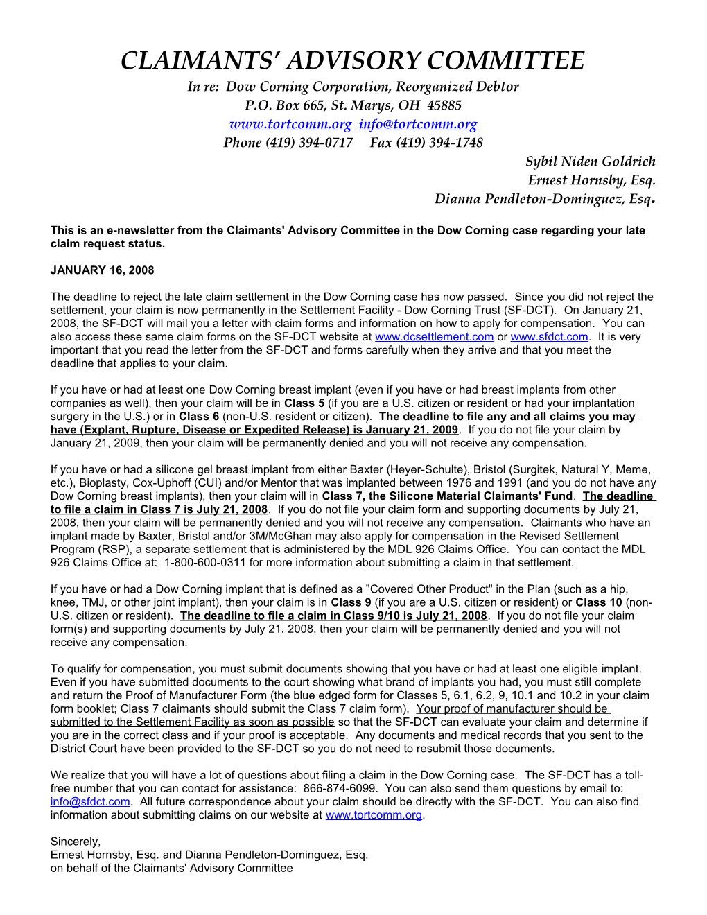 This Is an E-Newsletter from the Claimants' Advisory Committee in the Dow Corning Case