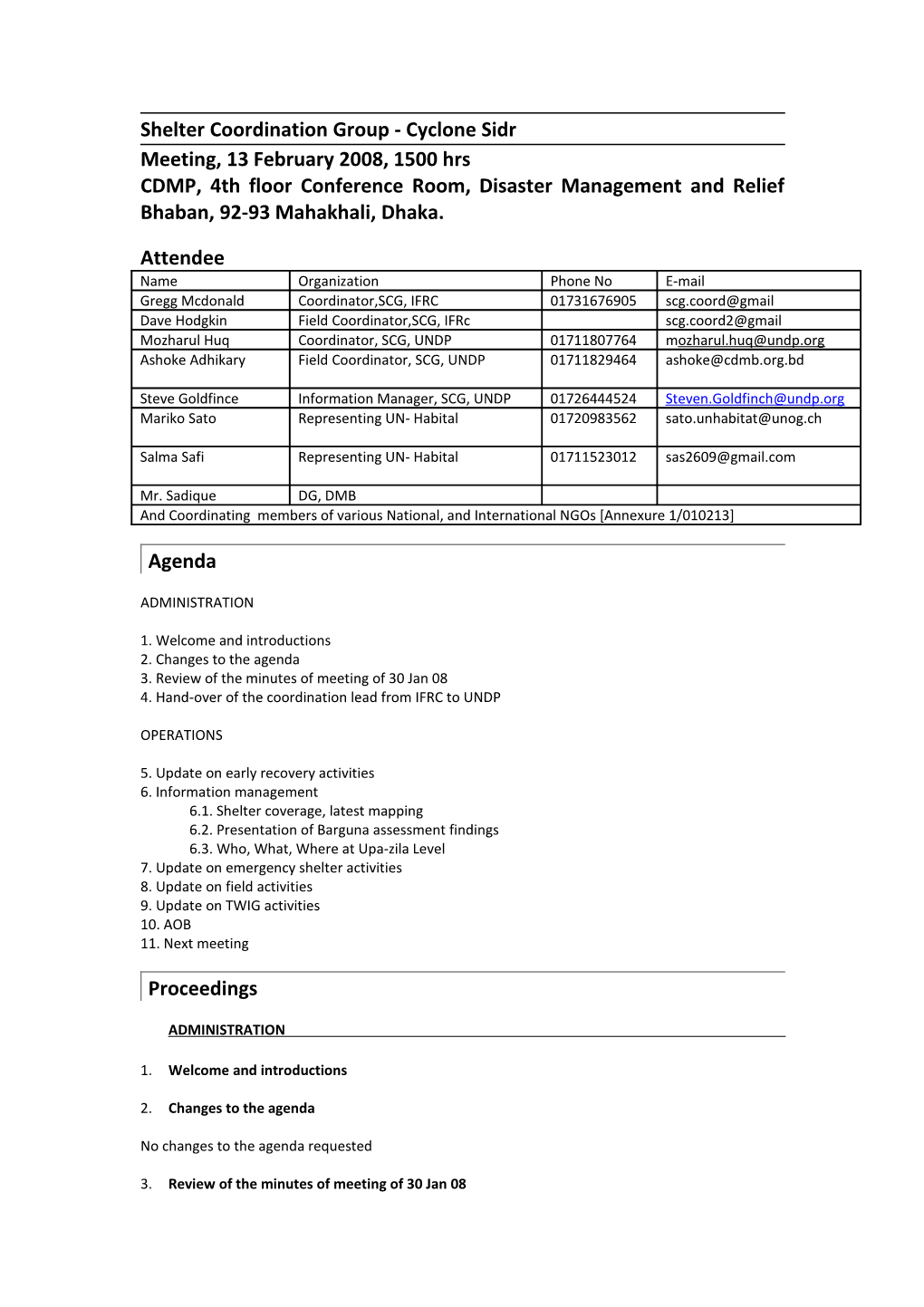 Shelter Coordination Group - Cyclone Sidr