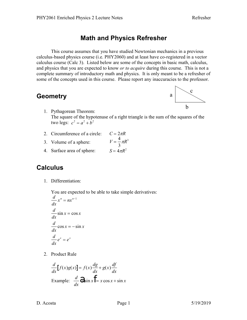 PHY2061 Enriched Physics 2 Lecture Notesrefresher