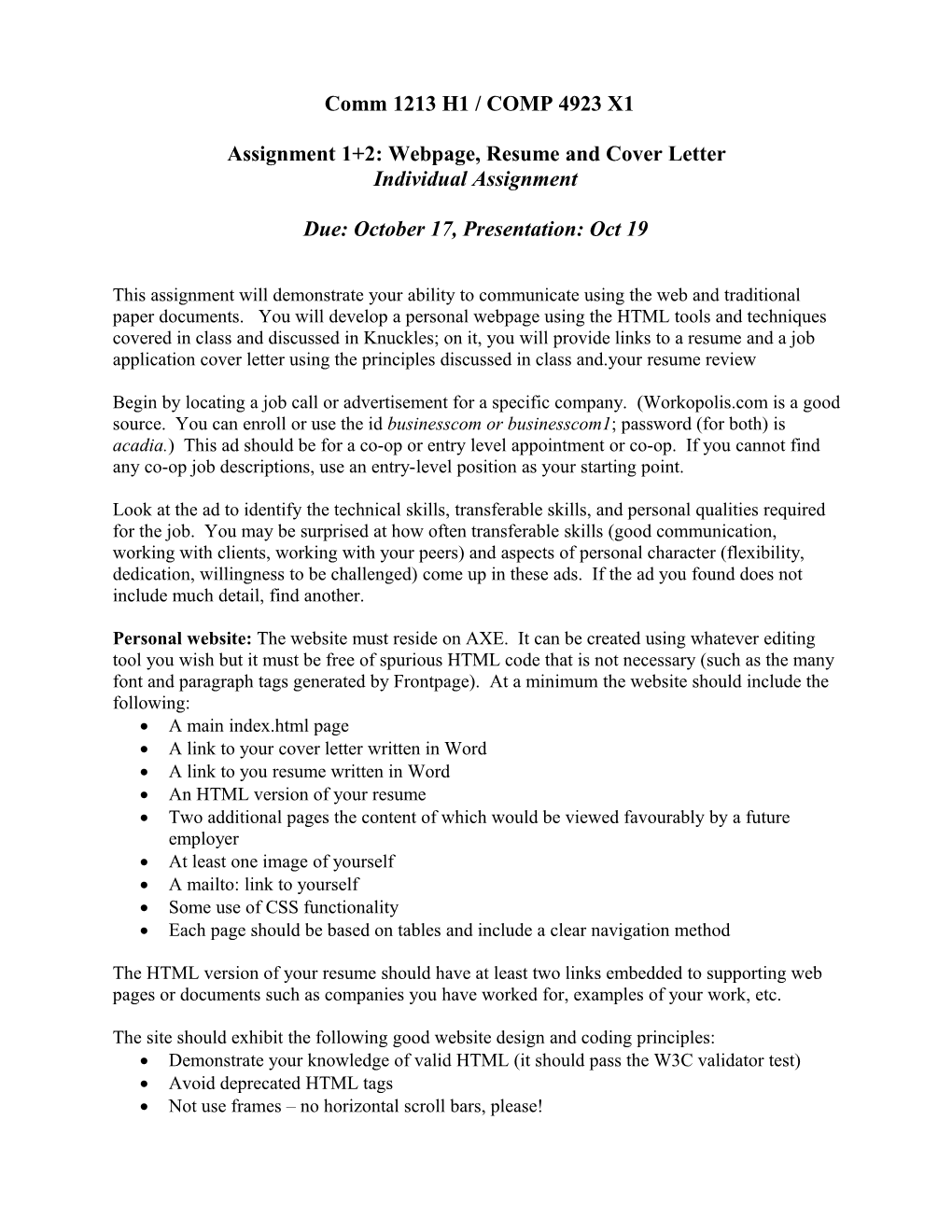 Assignment 1+2: Webpage, Resume and Cover Letter