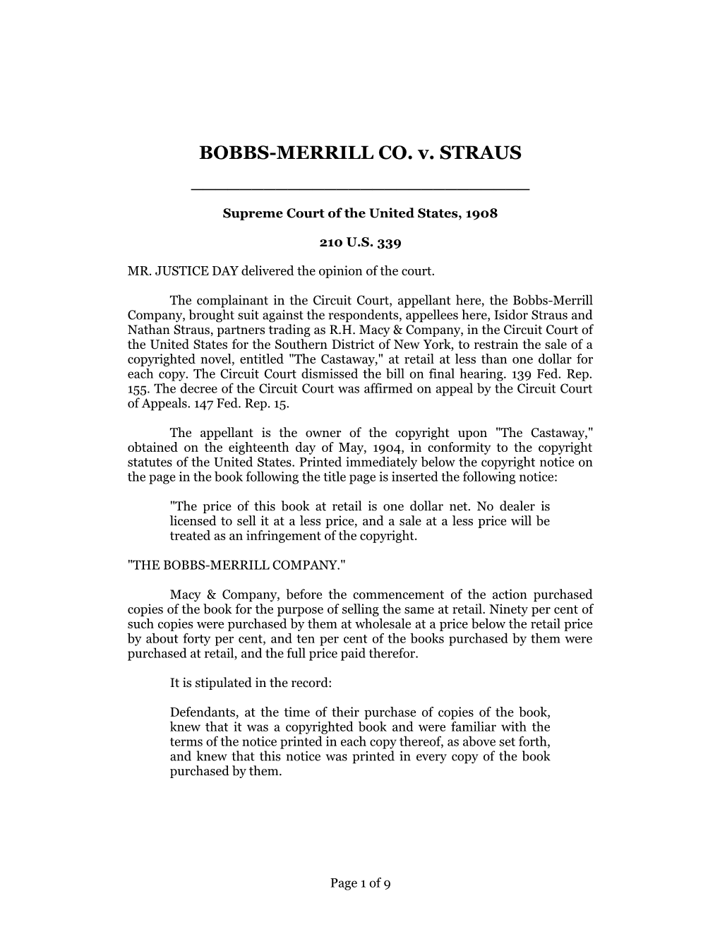Bobbs-Merrill Co. V. Straus