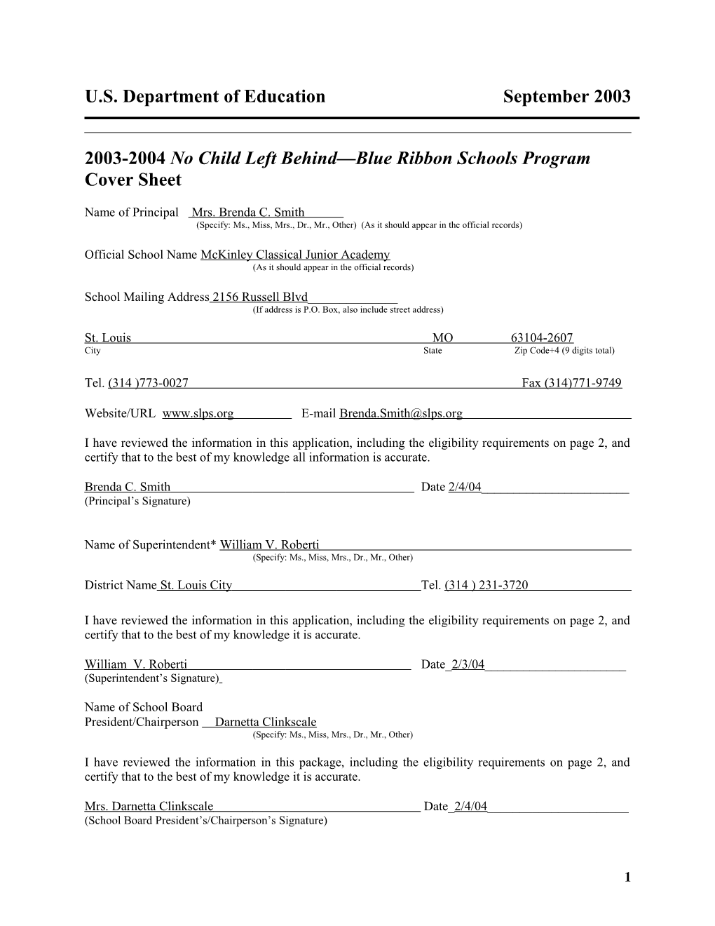 Mckinley Classical Junior Academy 2004 No Child Left Behind-Blue Ribbon School Application