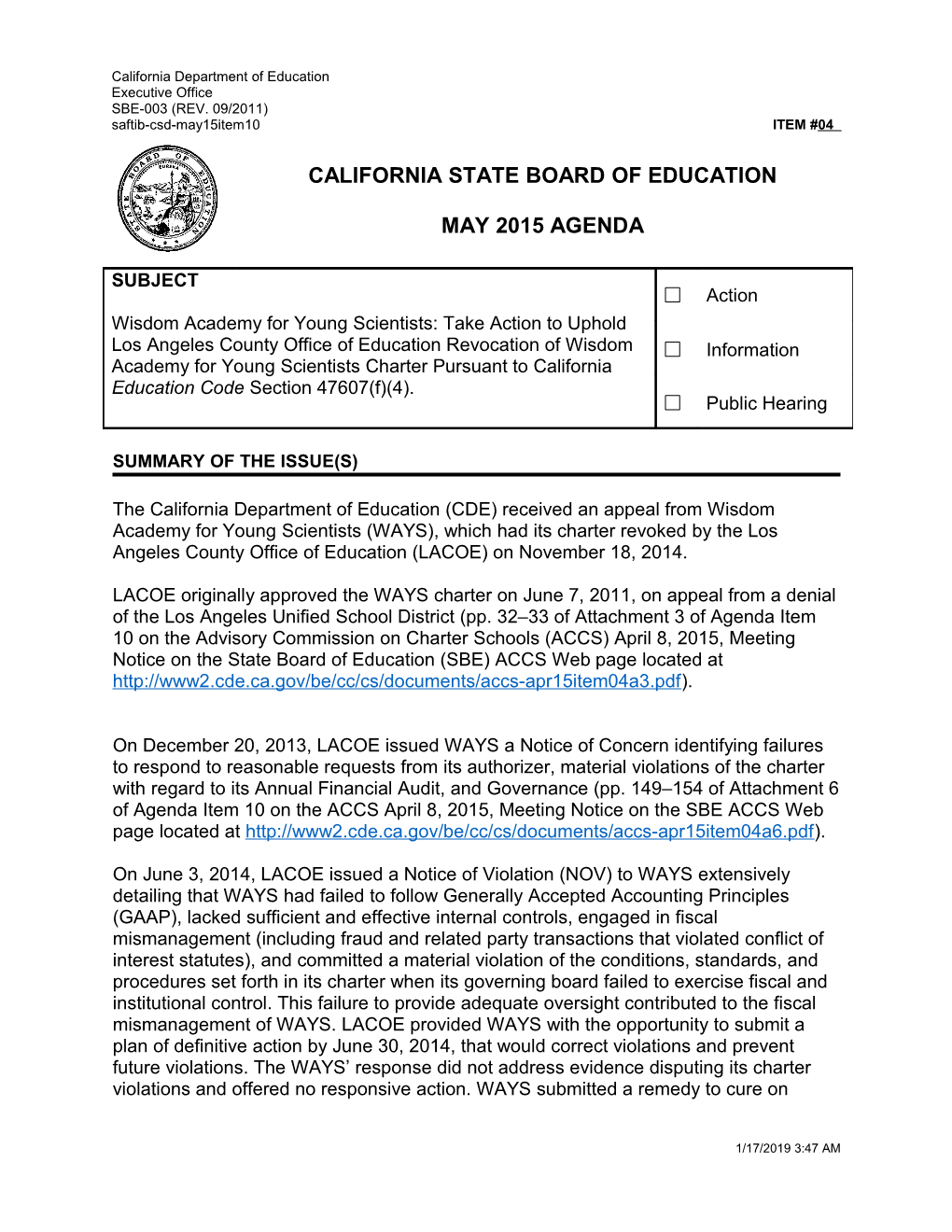 May 2015 Agenda Item 04 - Meeting Agendas (CA State Board of Education)