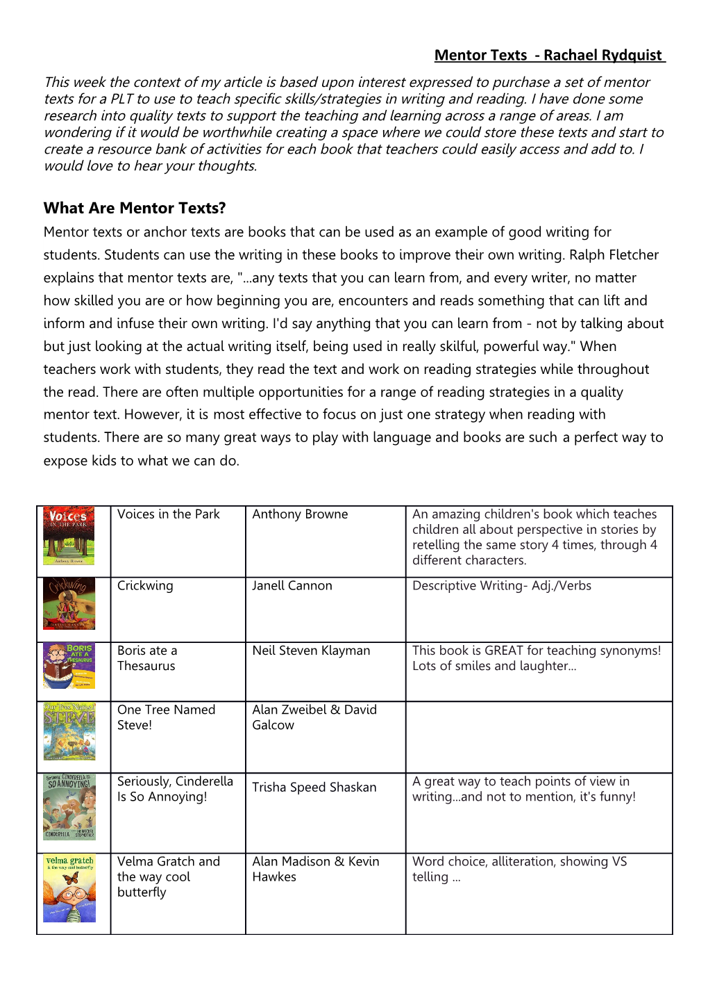 Mentor Texts - Rachael Rydquist