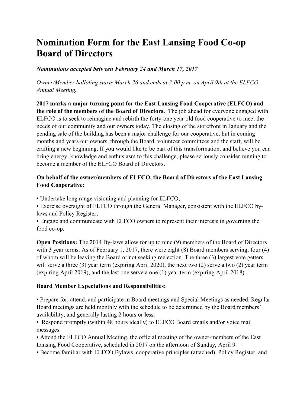 Nomination Form for the East Lansing Food Co-Op Board of Directors