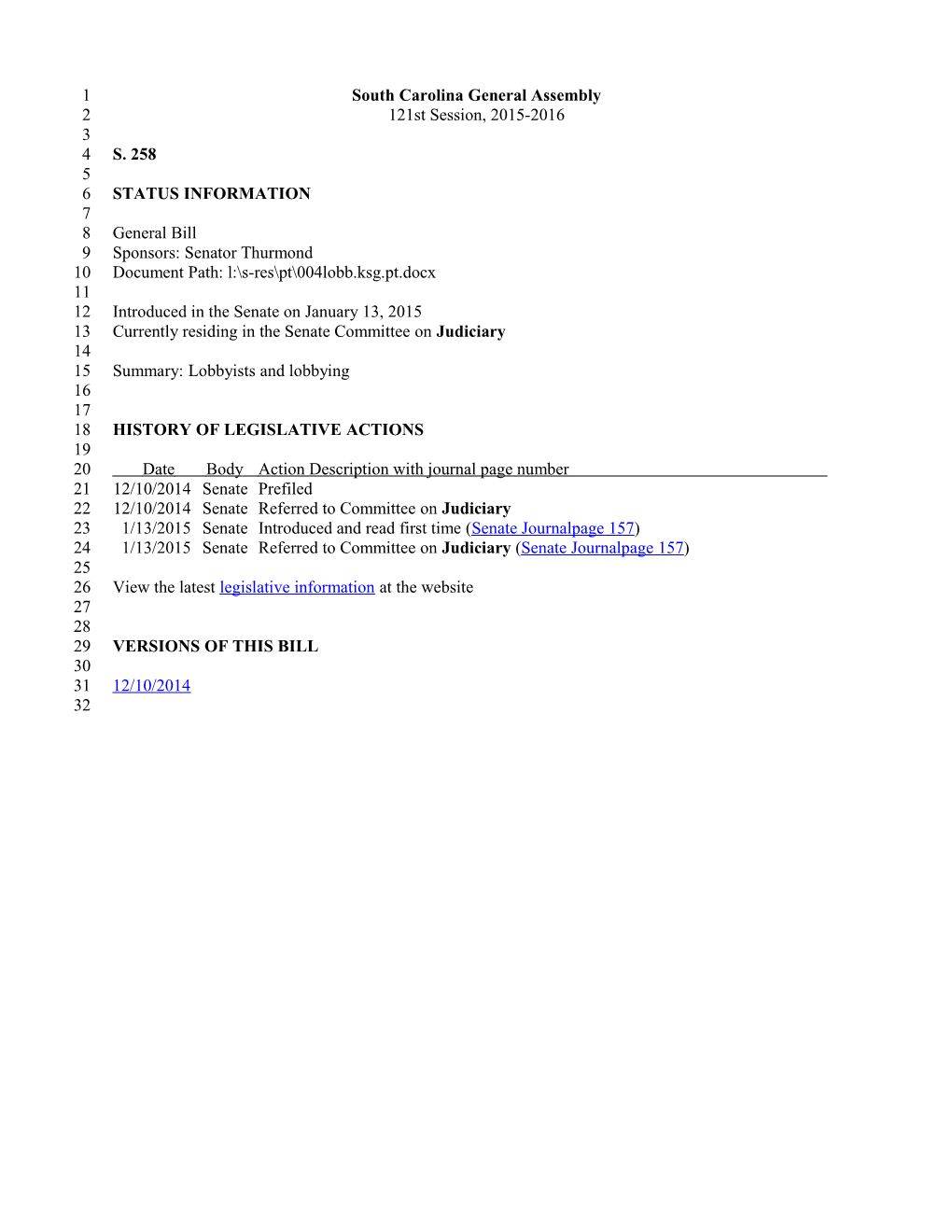 2015-2016 Bill 258: Lobbyists and Lobbying - South Carolina Legislature Online