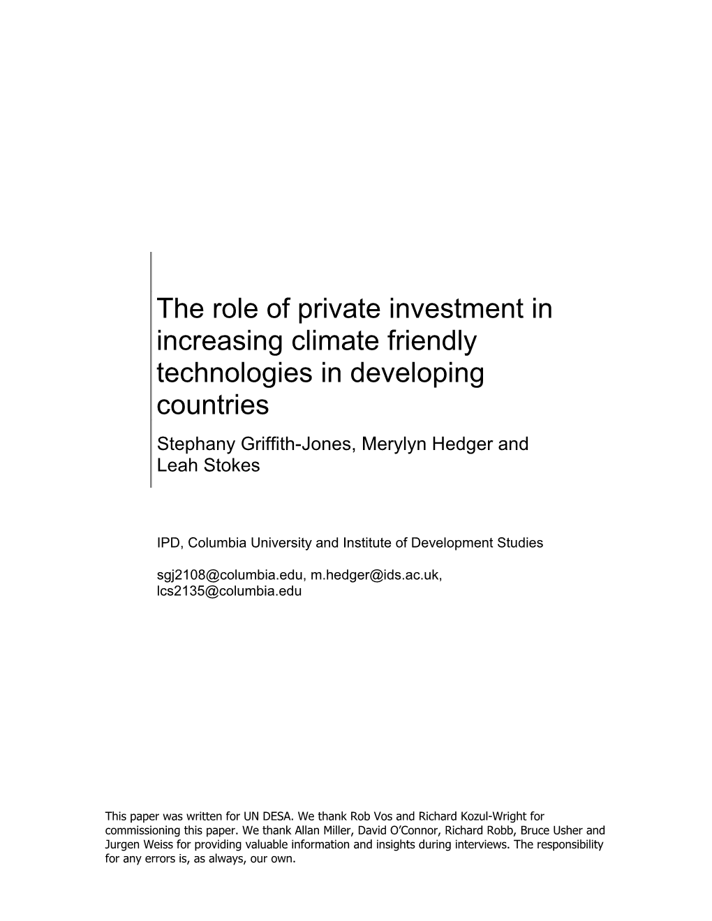 The Role of Private Investment in Increasing Climate Friendly Technologies in Developing