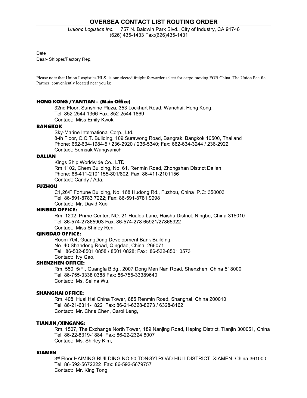 Oversea Contact List Routing Order